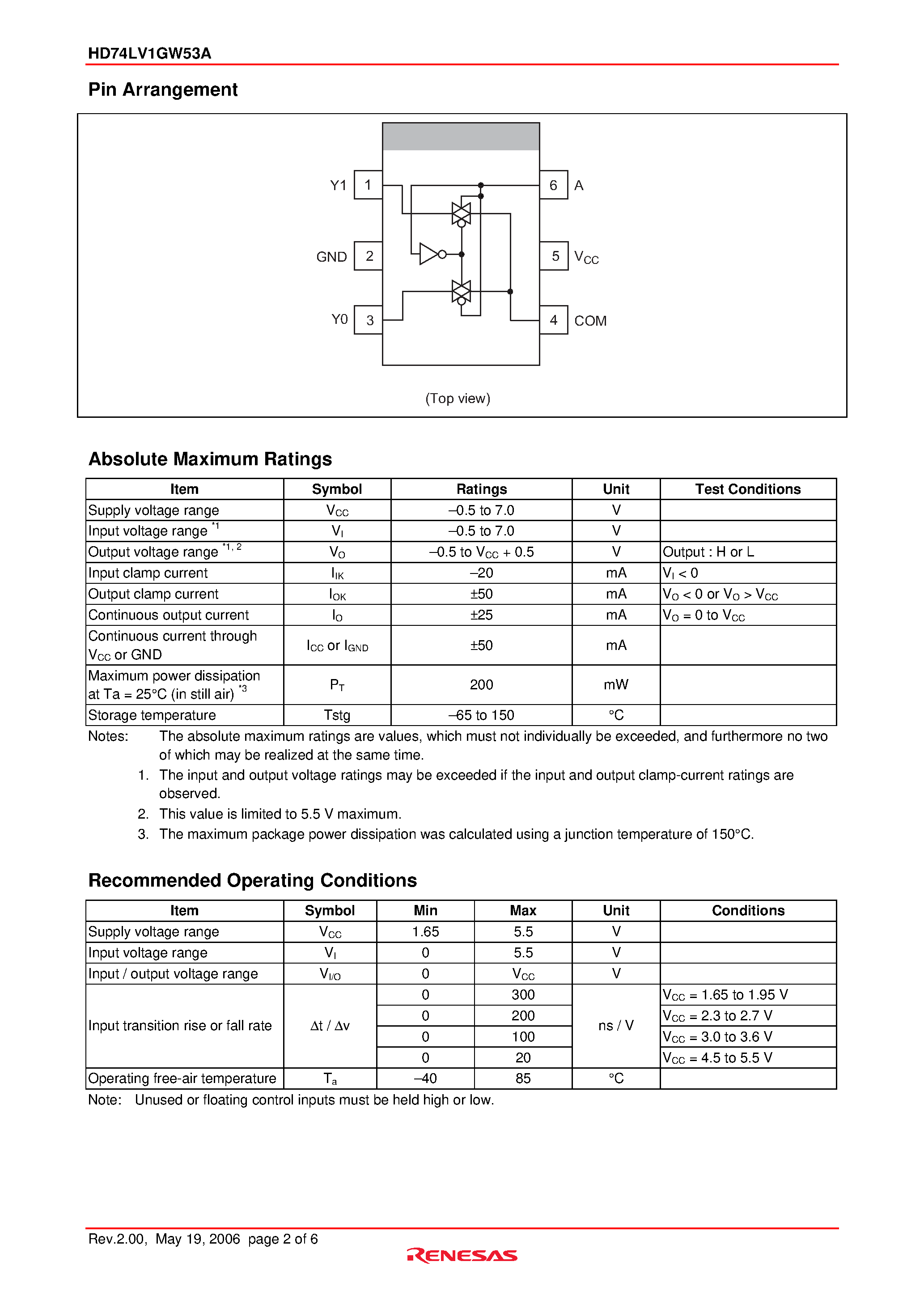 Даташит на микросхему HD74LV1GW53A страница 2 Даташит HD74LV1GW53A - 2-channel Analog Multiplexer / Demultiplexer страница 2