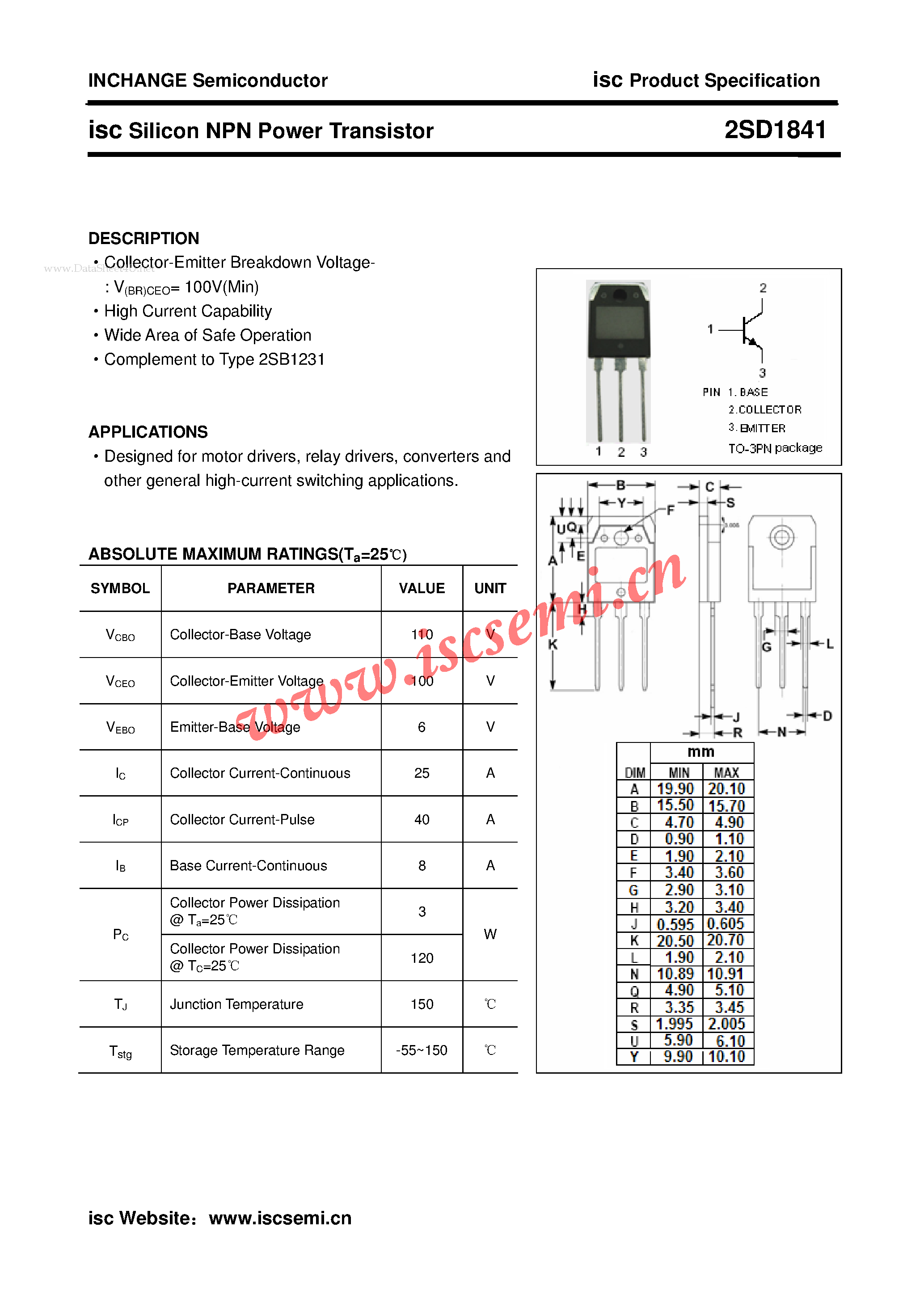 Datasheet 2SD1841 - Silicon NPN Power Transistor page 1