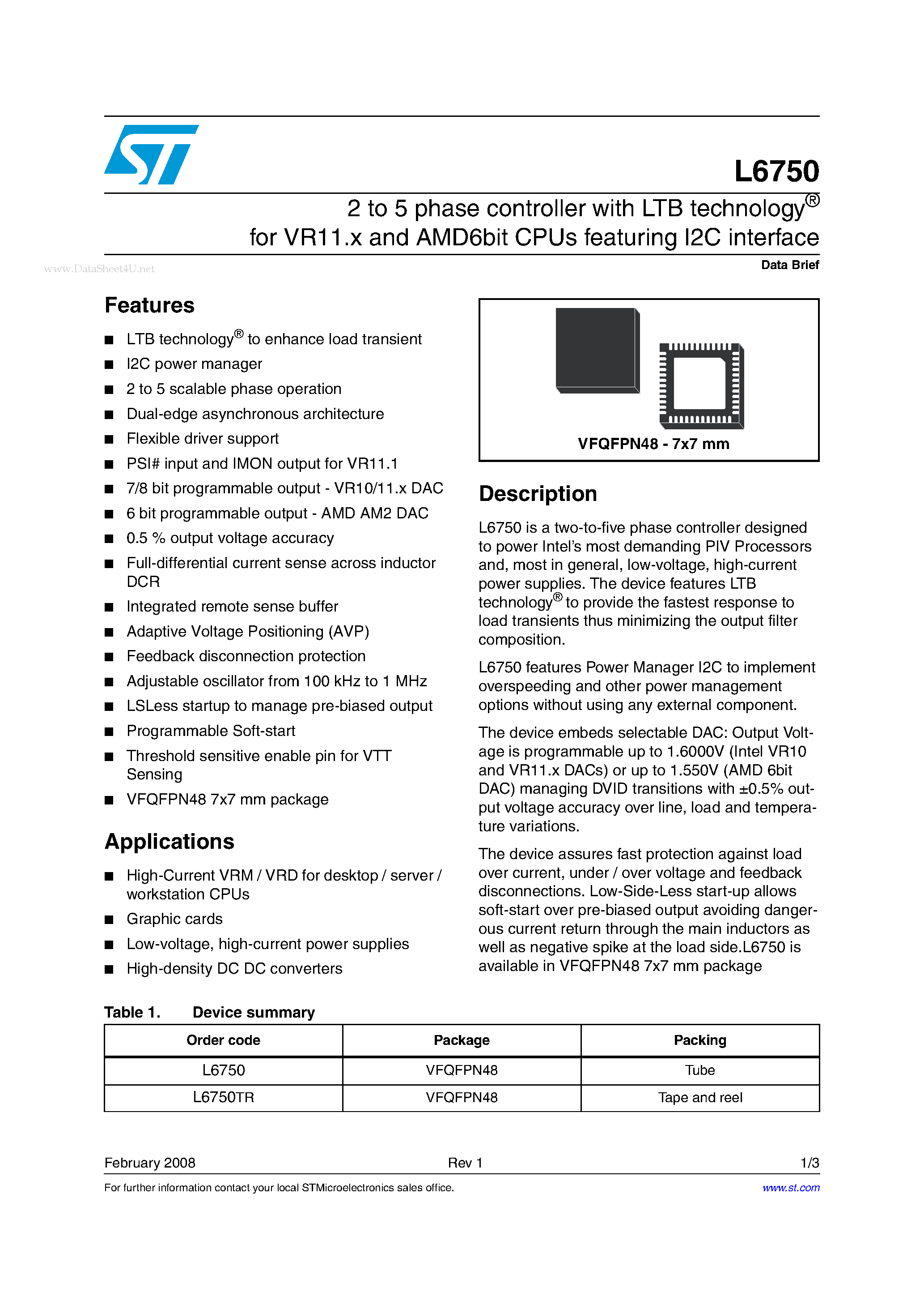 Datasheet L6750 - 2 to 5 phase controller page 1