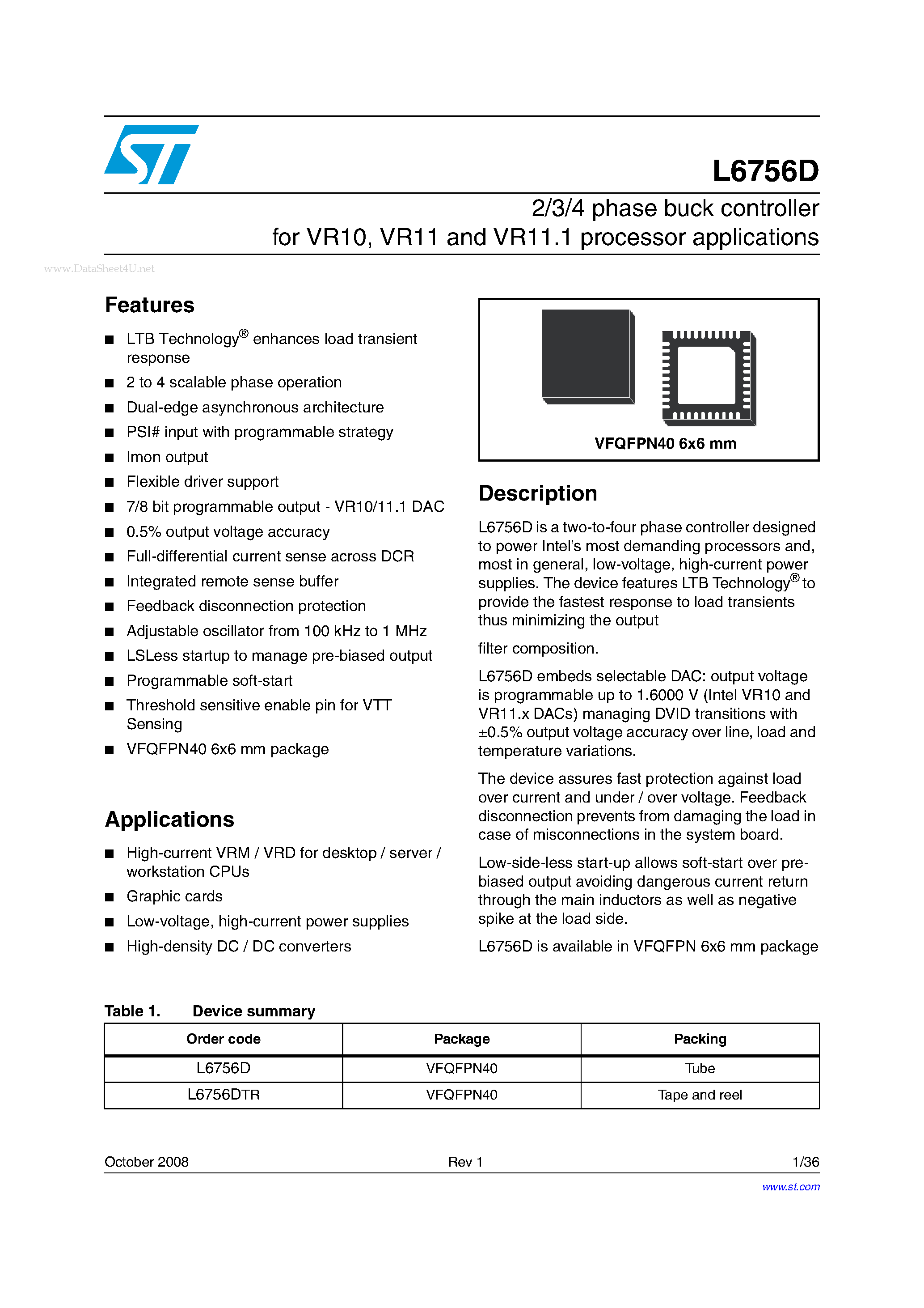 Datasheet L6756D - 2/3/4 phase buck controller page 1