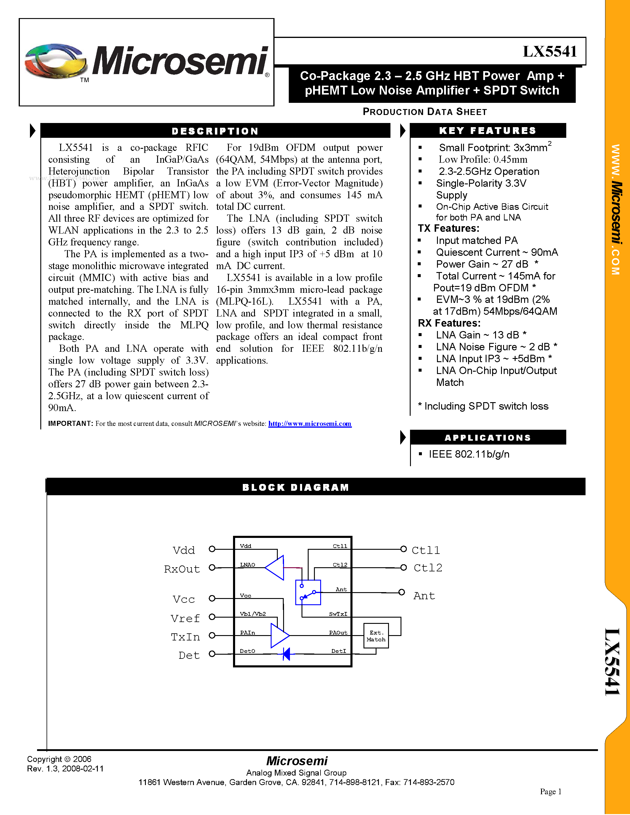 Datasheet LX5541 - Co-Package 2.3 - 2.5 GHz HBT Power Amplifier & pHEMT Low Noise Amplifier page 1