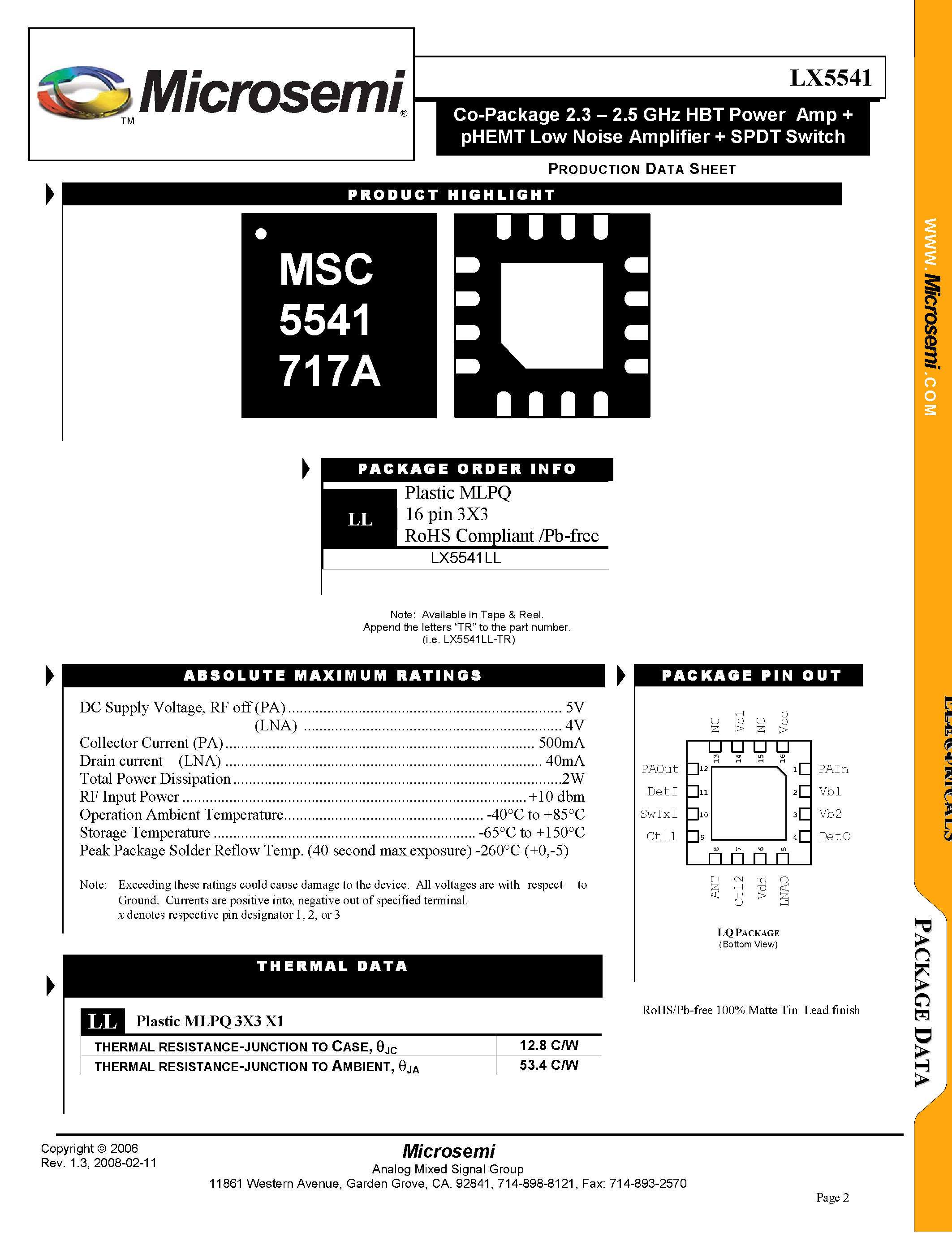 Datasheet LX5541 - Co-Package 2.3 - 2.5 GHz HBT Power Amplifier & pHEMT Low Noise Amplifier page 2