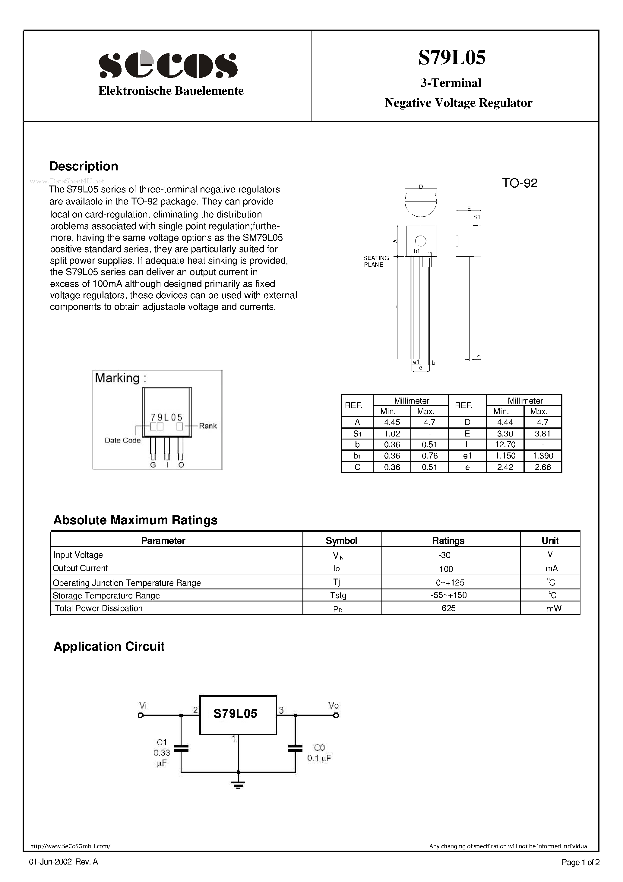 Datasheet S79L05 - 3-Terminal Negative Voltage Regulator page 1