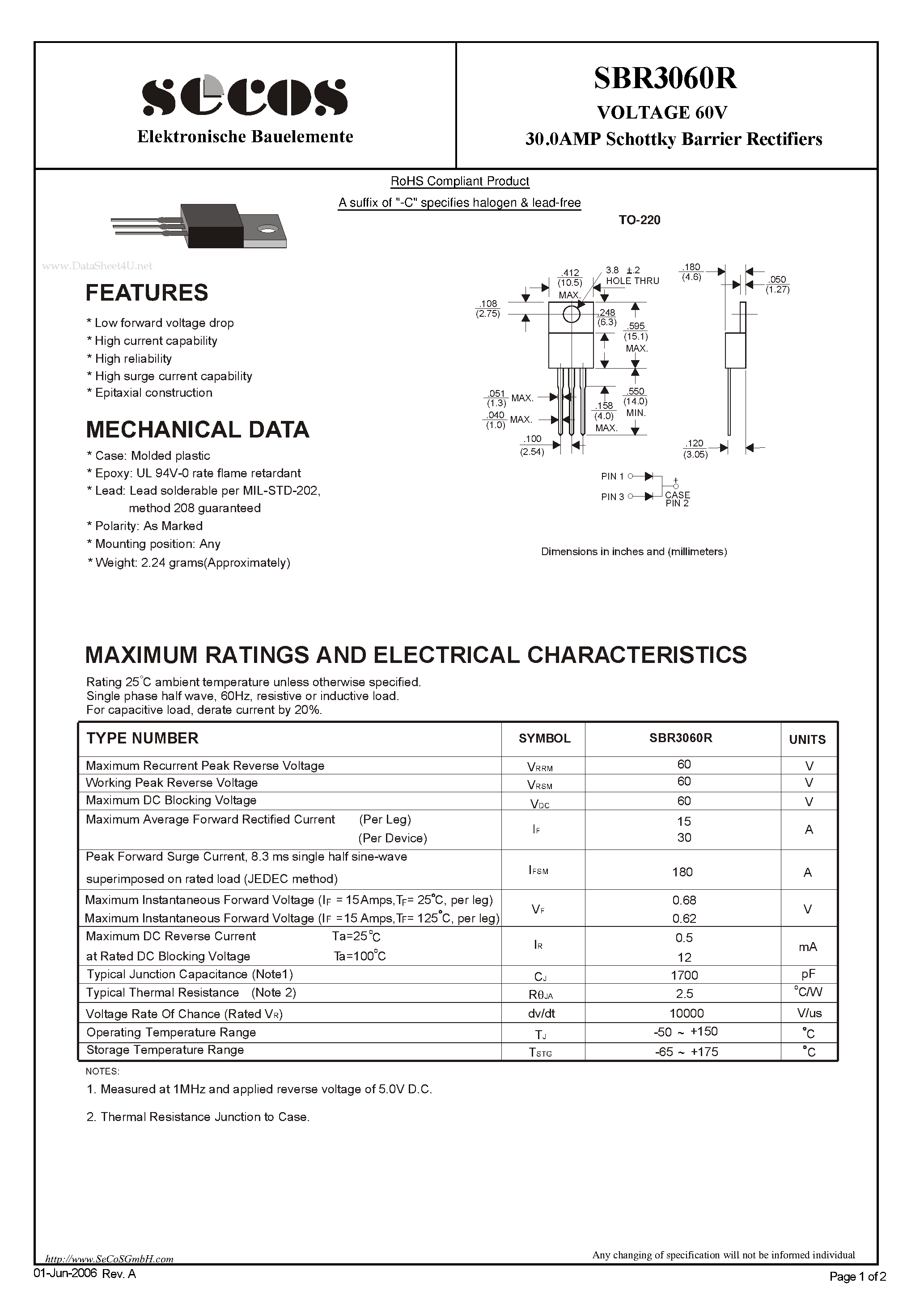 Datasheet SBR3060R page 1 Datasheet SBR3060R - 60V 30.0AMP Schottky Barrier Rectifiers page 1