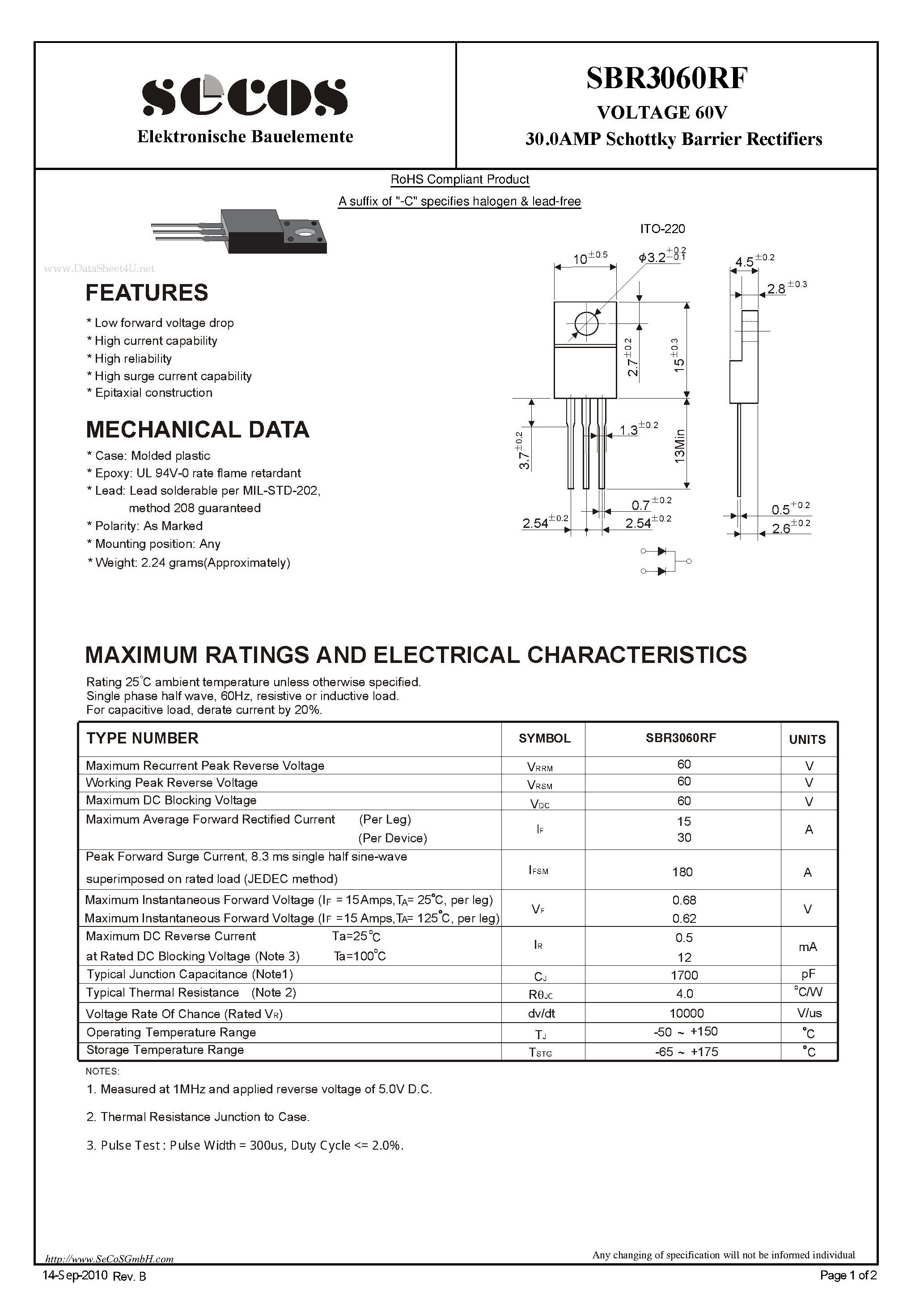 Datasheet SBR3060RF page 1 Datasheet SBR3060RF - 30.0AMP Schottky Barrier Rectifiers page 1
