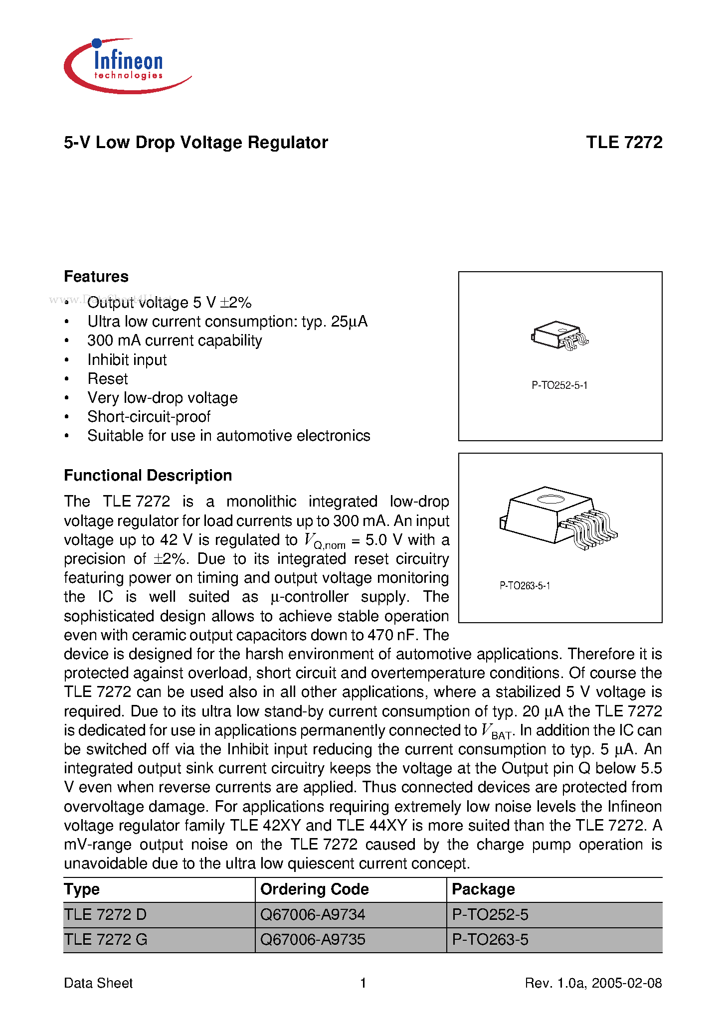 Даташит TLE7272 - 5-V Low Drop Voltage Regulator страница 1