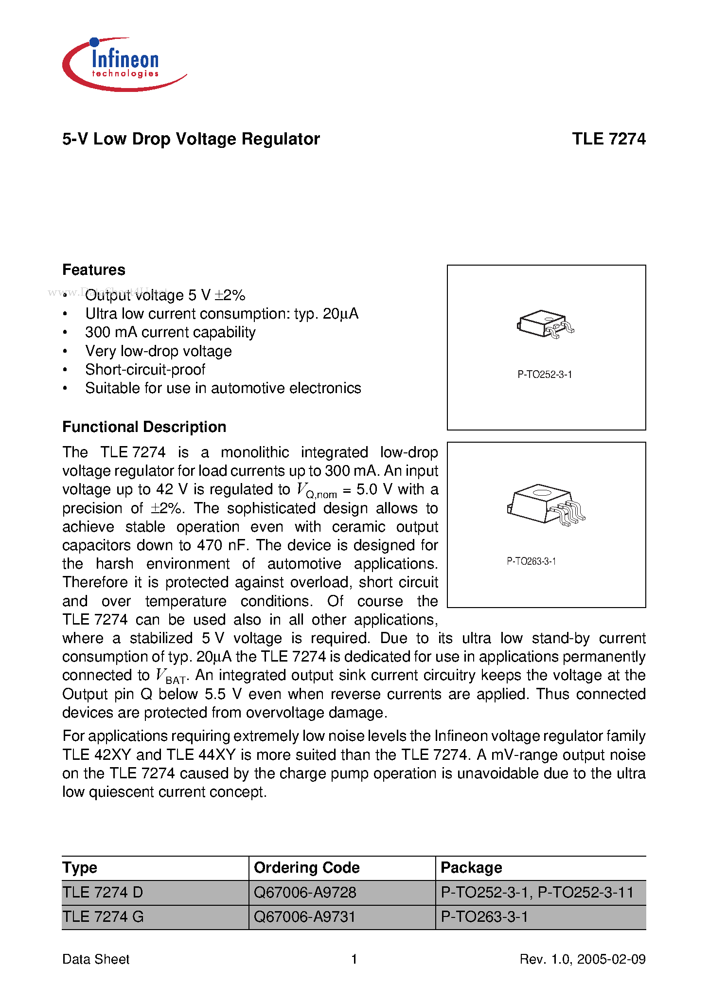 Даташит TLE7274 - 5-V Low Drop Voltage Regulator страница 1