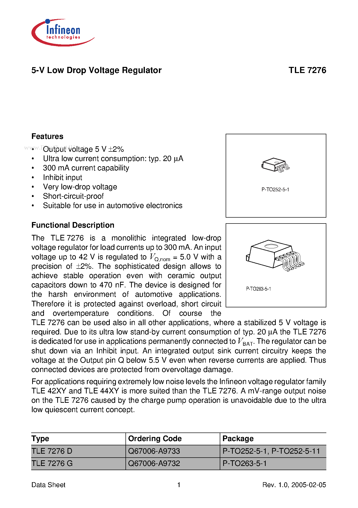 Даташит TLE7276 - 5-V Low Drop Voltage Regulator страница 1