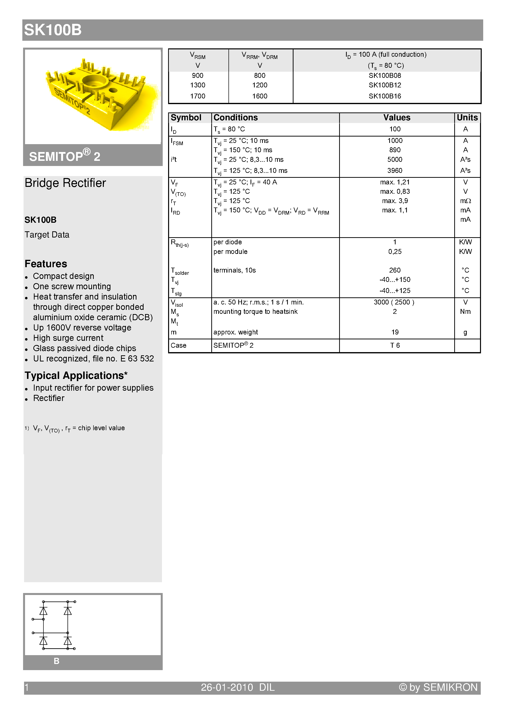 Datasheet SK100B page 1 Datasheet SK100B - Bridge Rectifier page 1