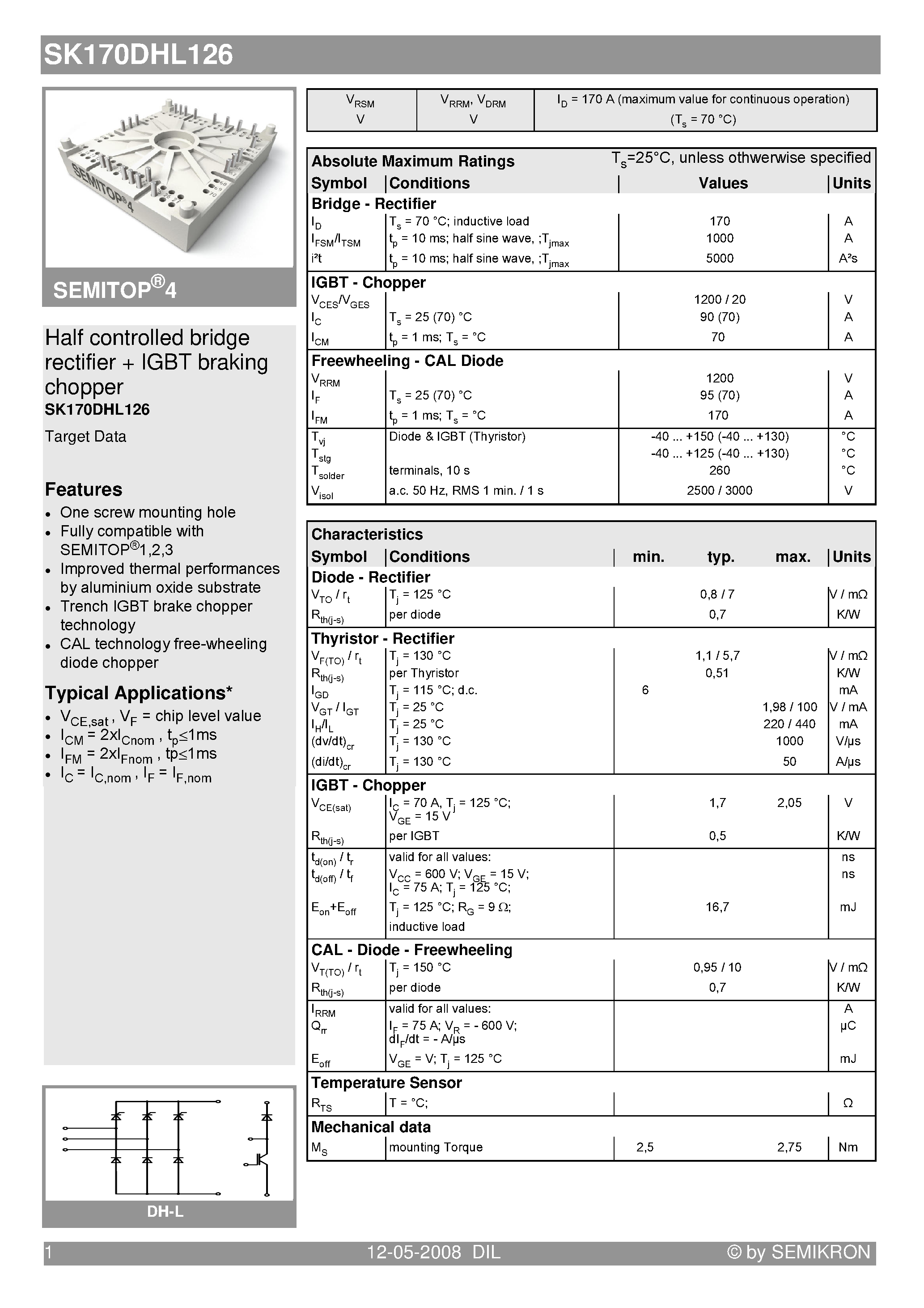 Datasheet SK170DHL126 - Half controlled bridge rectifier IGBT braking chopper page 1