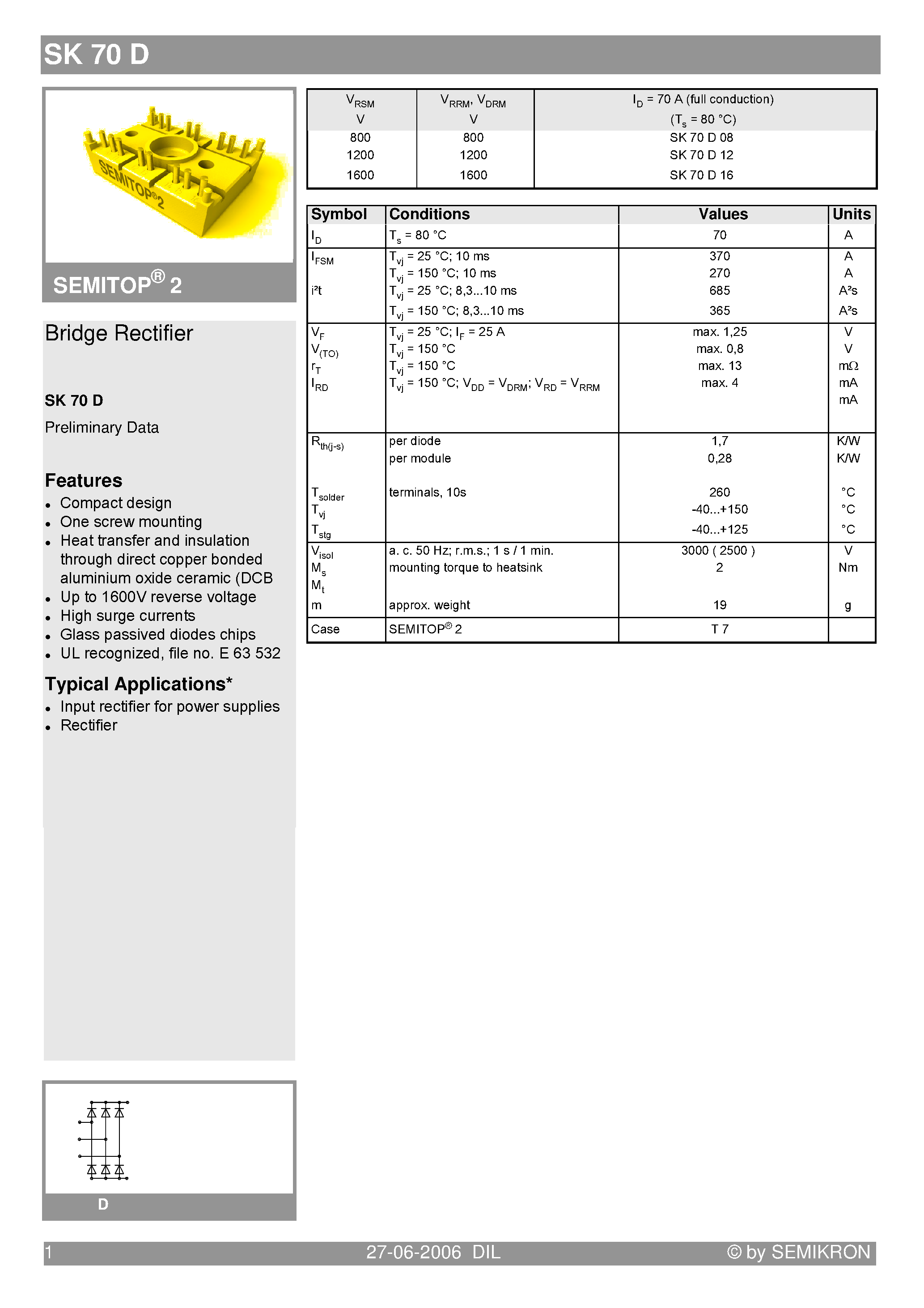 Datasheet SK70D page 1 Datasheet SK70D - Bridge Rectifier page 1