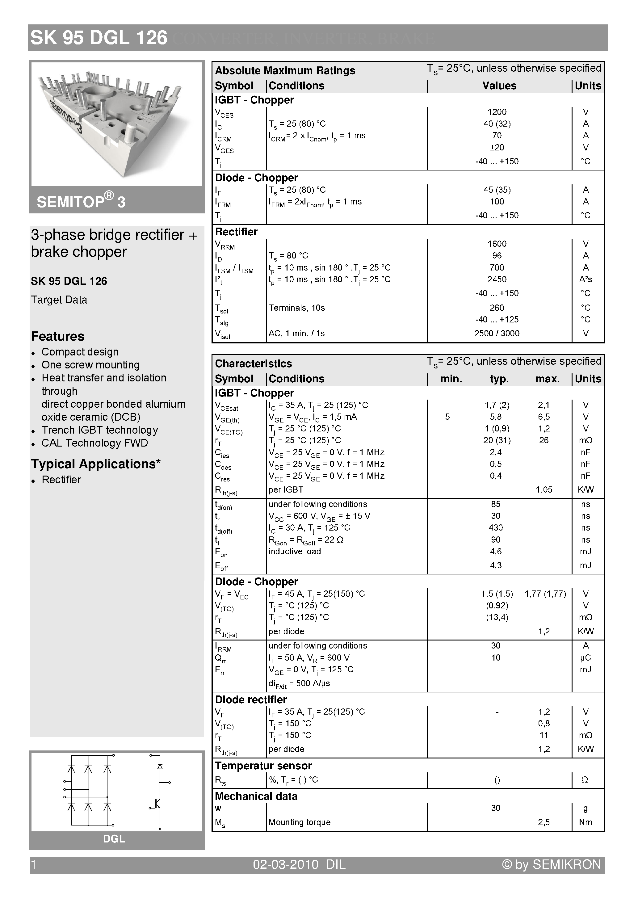 Datasheet SK95DGL126 page 1 Datasheet SK95DGL126 - 3-phase bridge rectifier brake chopper page 1