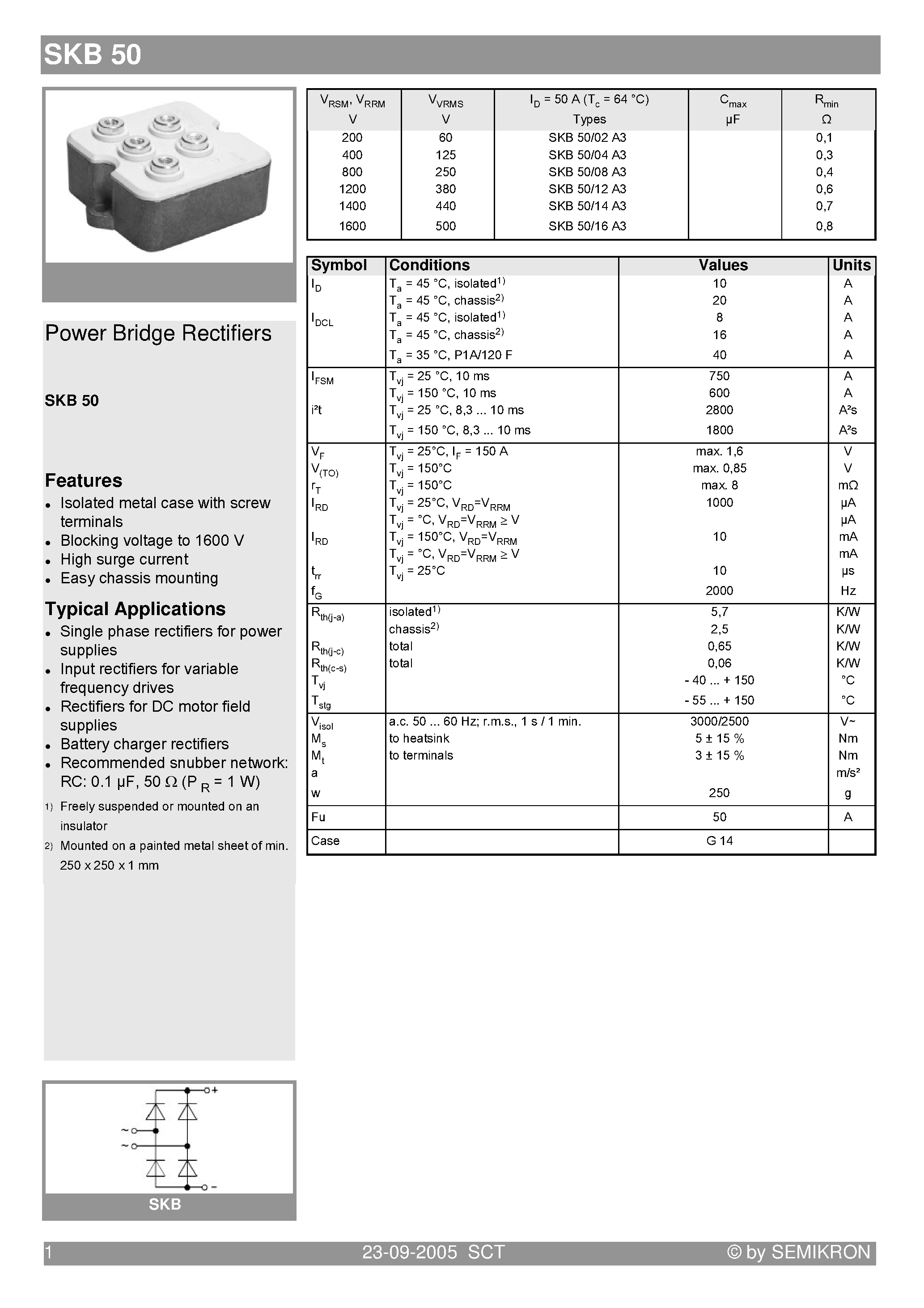 Datasheet SKB50 page 1 Datasheet SKB50 - Power Bridge Rectifiers page 1