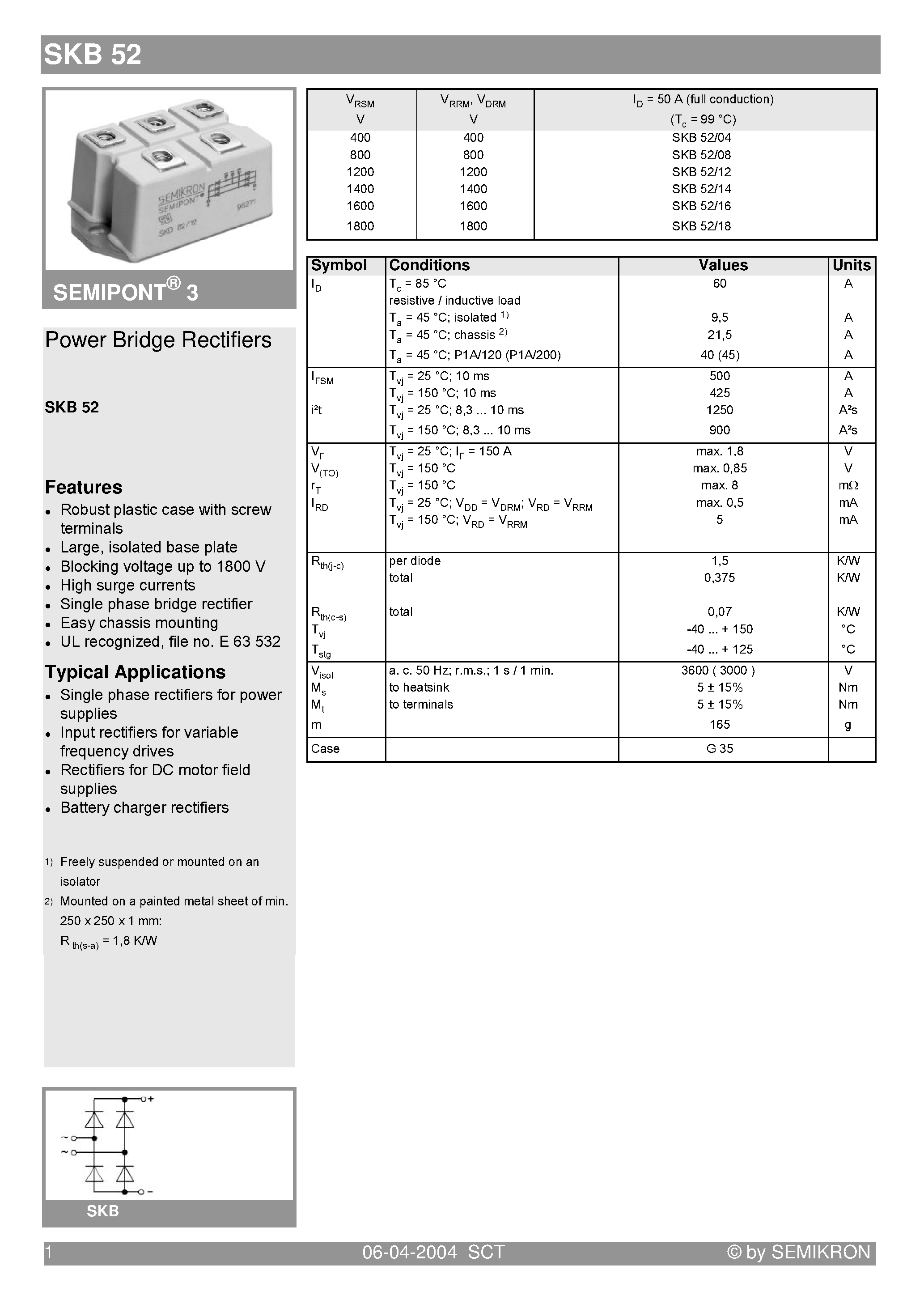 Datasheet SKB52 page 1 Datasheet SKB52 - Power Bridge Rectifiers page 1