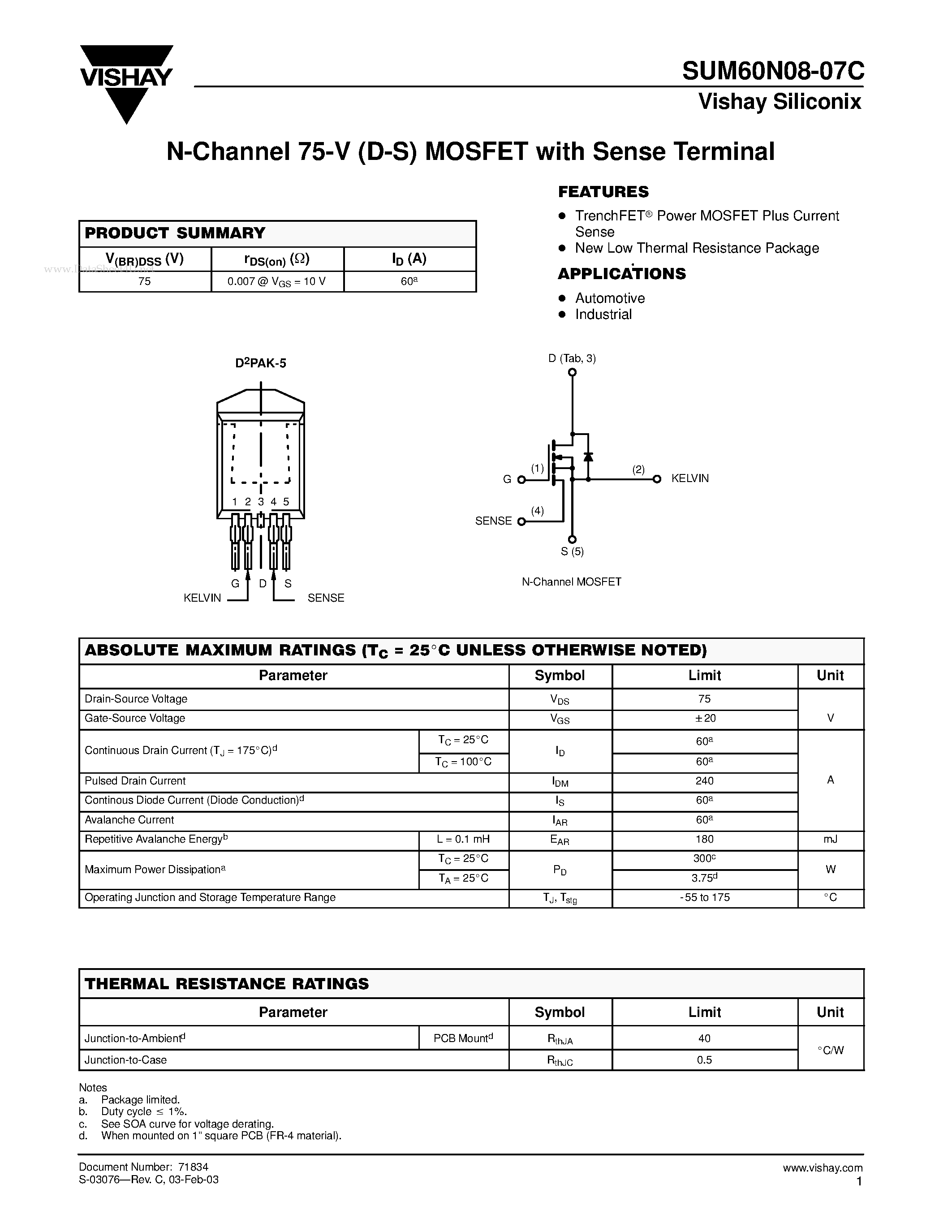 Даташит SUM60N08-07C - N-Channel 75-V (D-S) MOSFET страница 1