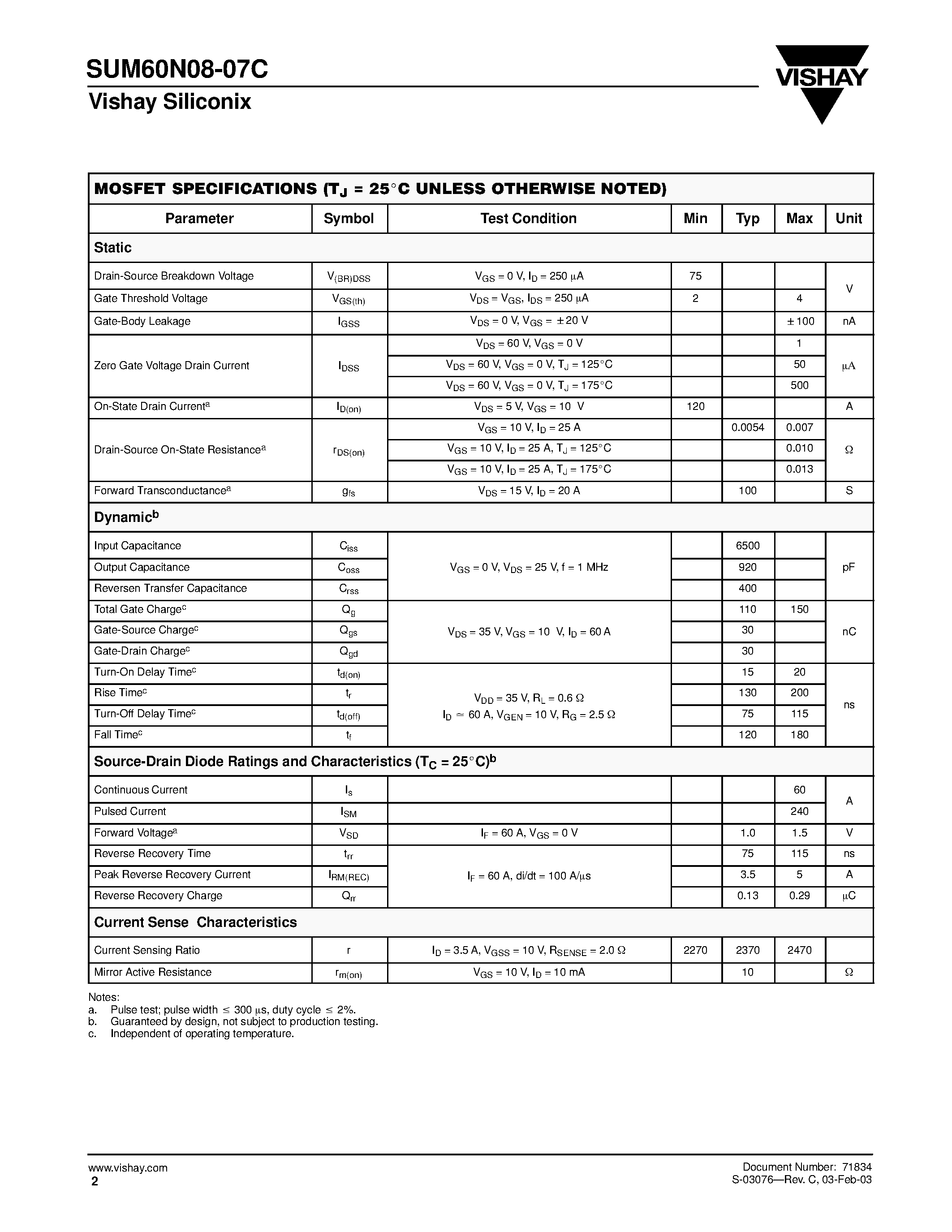 Даташит SUM60N08-07C - N-Channel 75-V (D-S) MOSFET страница 2