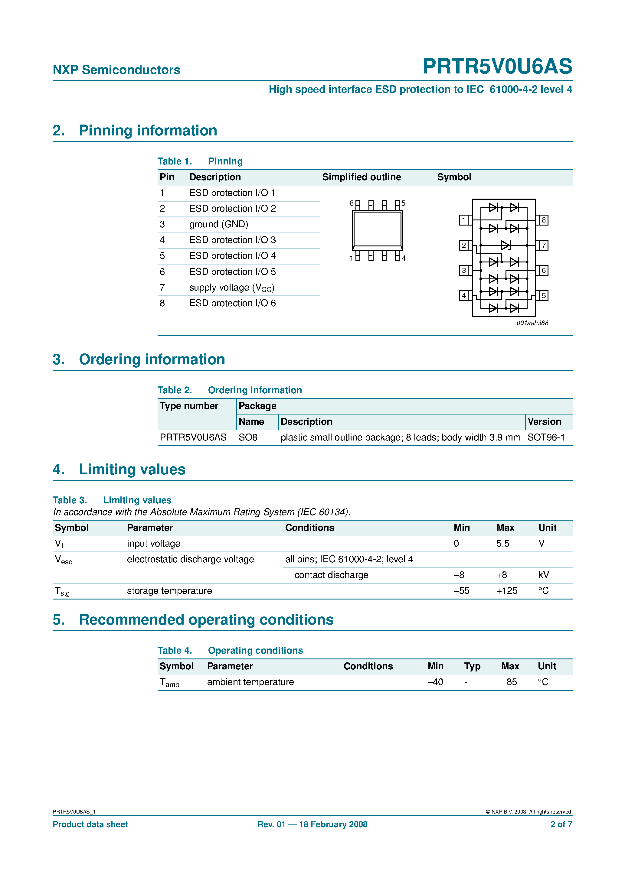 Datasheet PRTR5V0U6AS page 2 Datasheet PRTR5V0U6AS - High speed interface ESD protection to IEC 61000-4-2 level 4 page 2