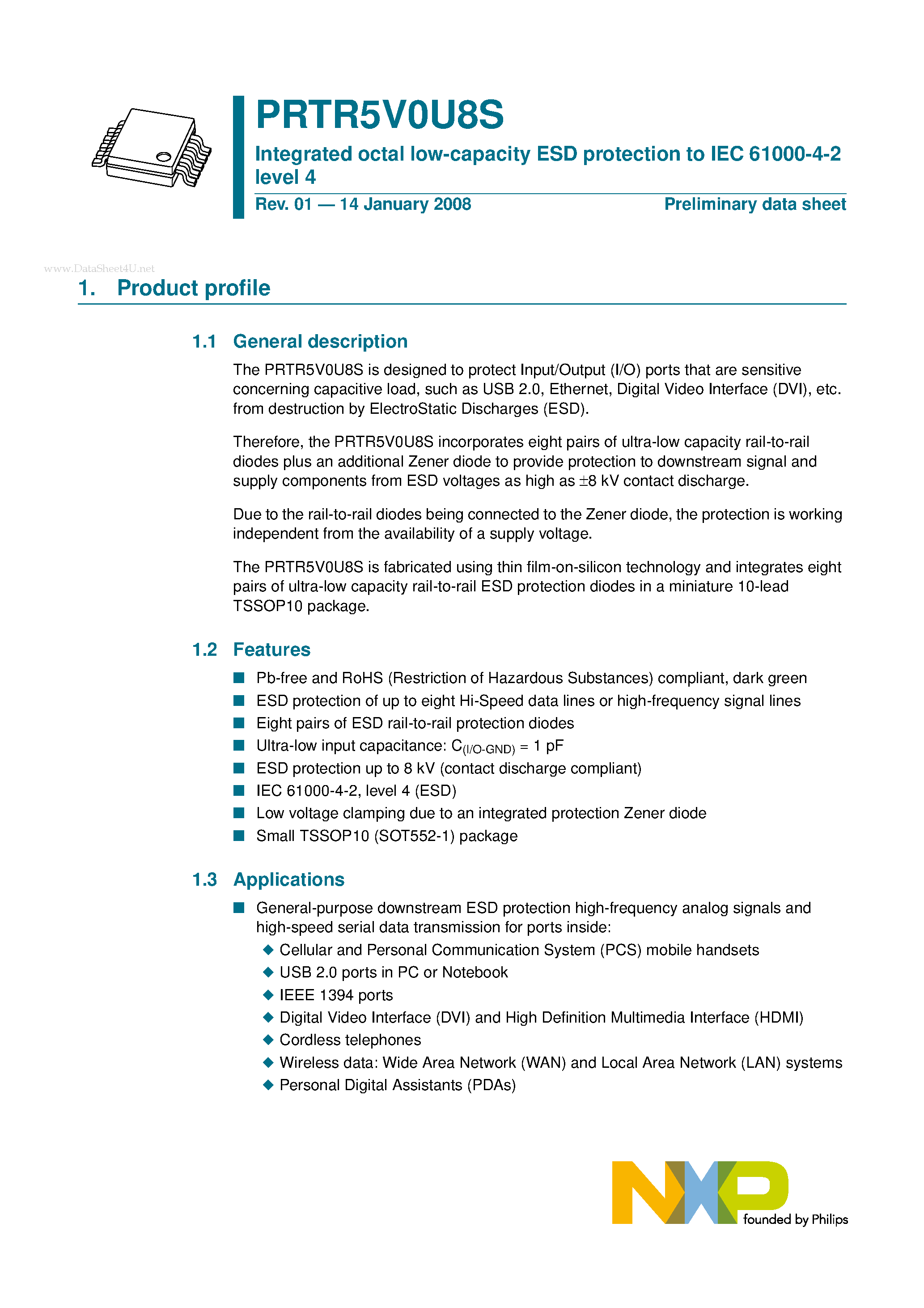 Datasheet PRTR5V0U8S - Integrated octal low-capacity ESD protection to IEC 61000-4-2 level 4 page 1