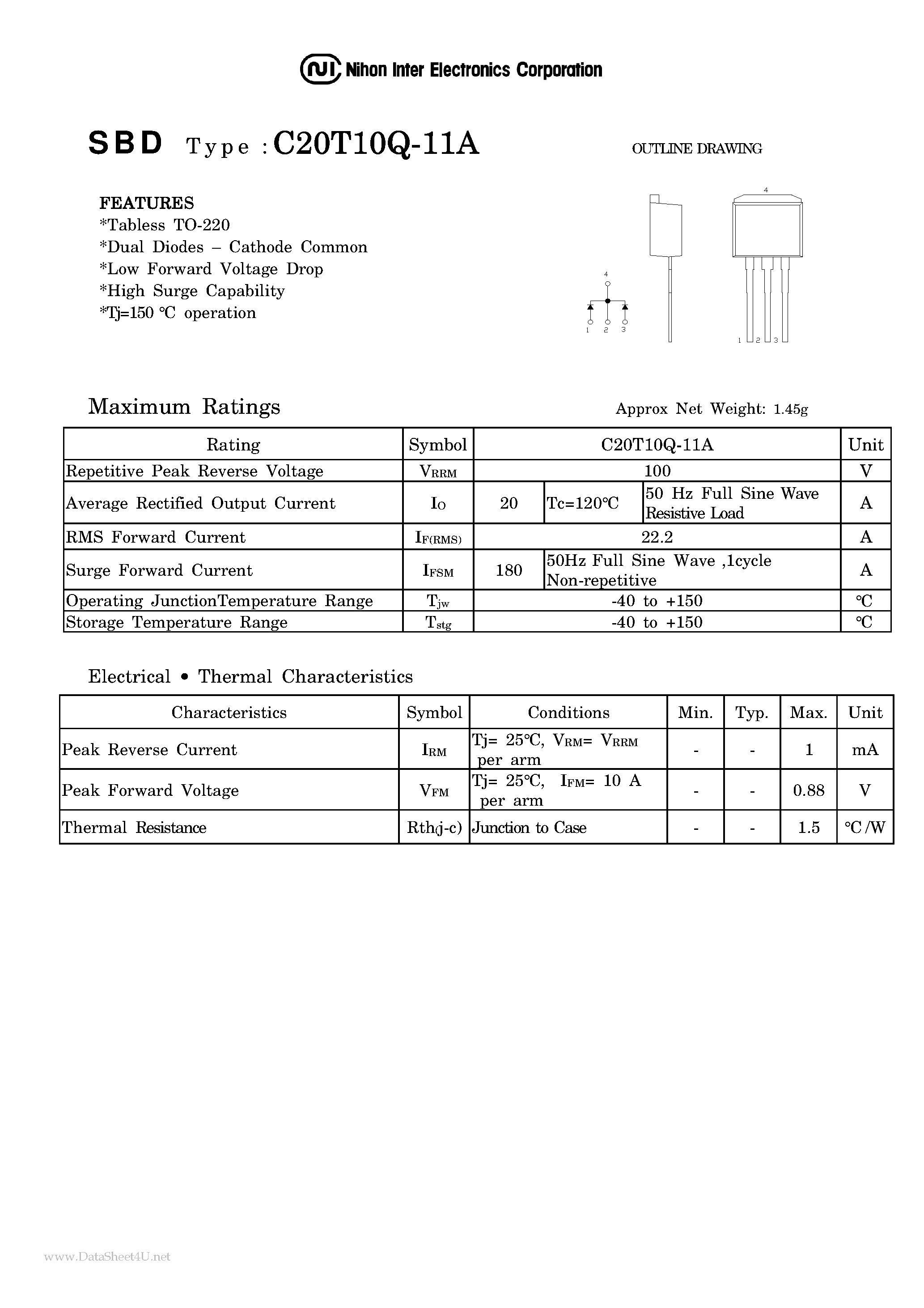 Даташит на микросхему C20T10Q-11A страница 1 Даташит C20T10Q-11A - Schottky Diodes страница 1