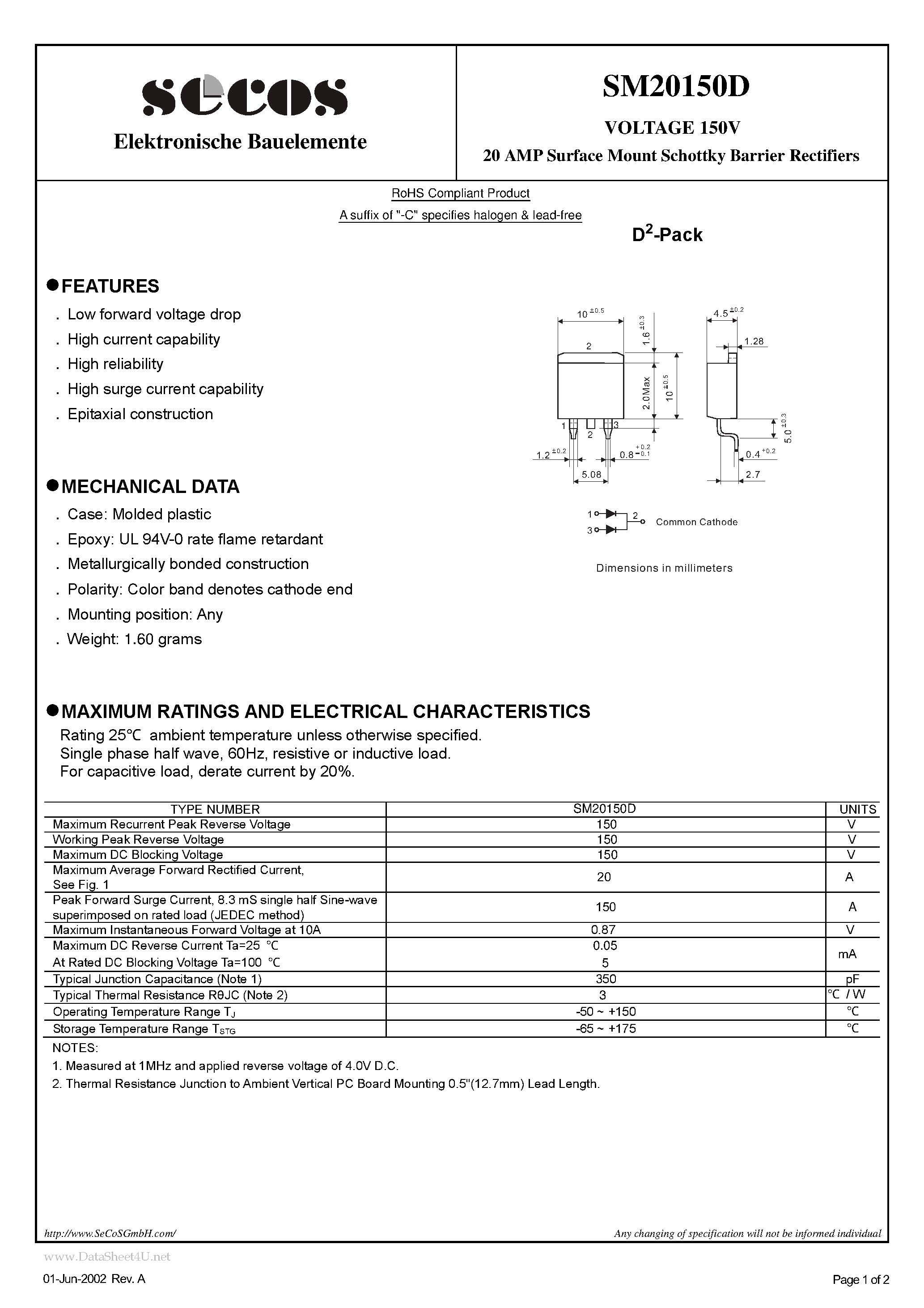 Datasheet SM20150D - 20 AMP Surface Mount Schottky Barrier Rectifiers page 1
