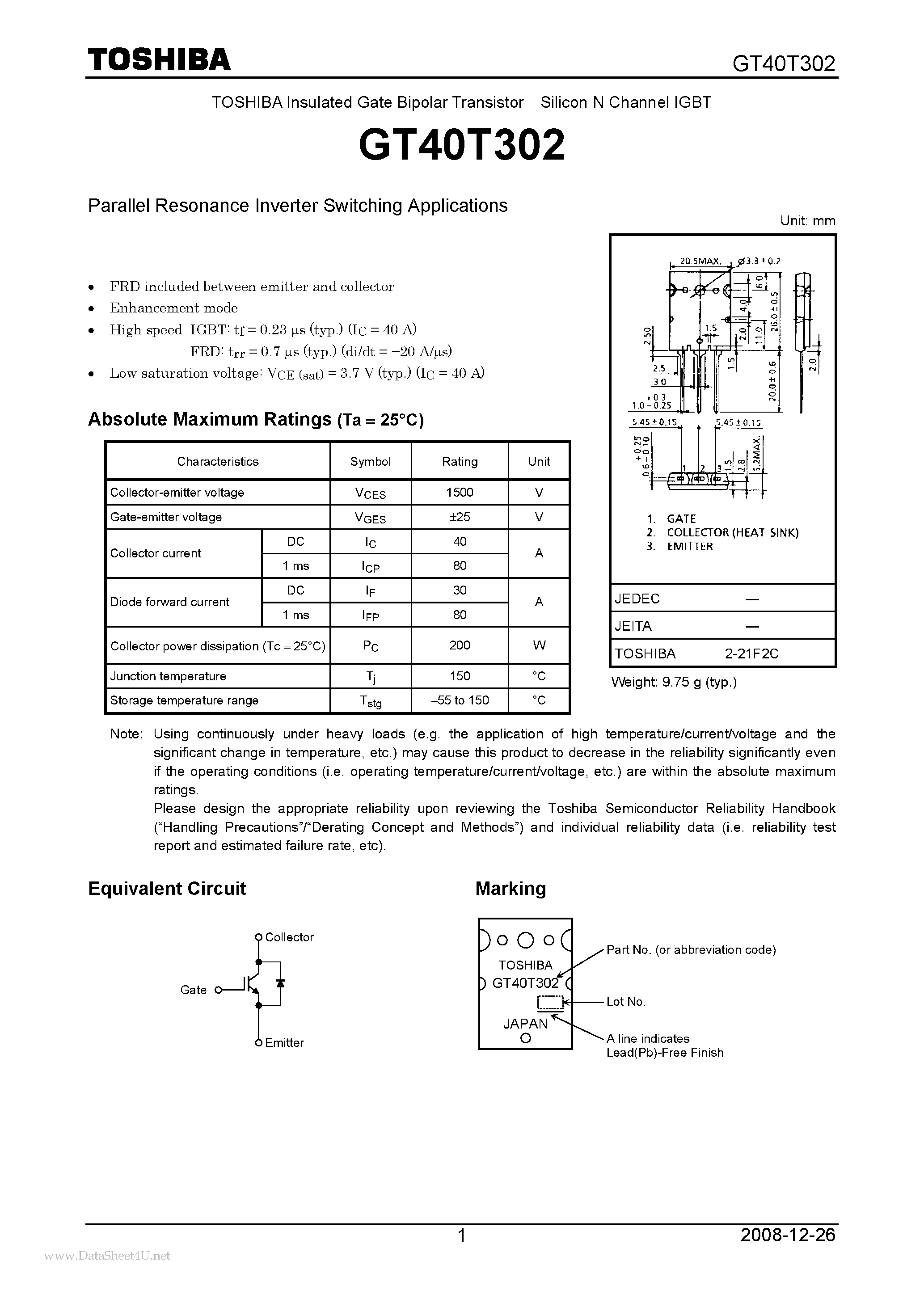 Datasheet GT40T302 page 1 Datasheet GT40T302 - Insulated Gate Bipolar Transistor Silicon N Channel IGBT page 1