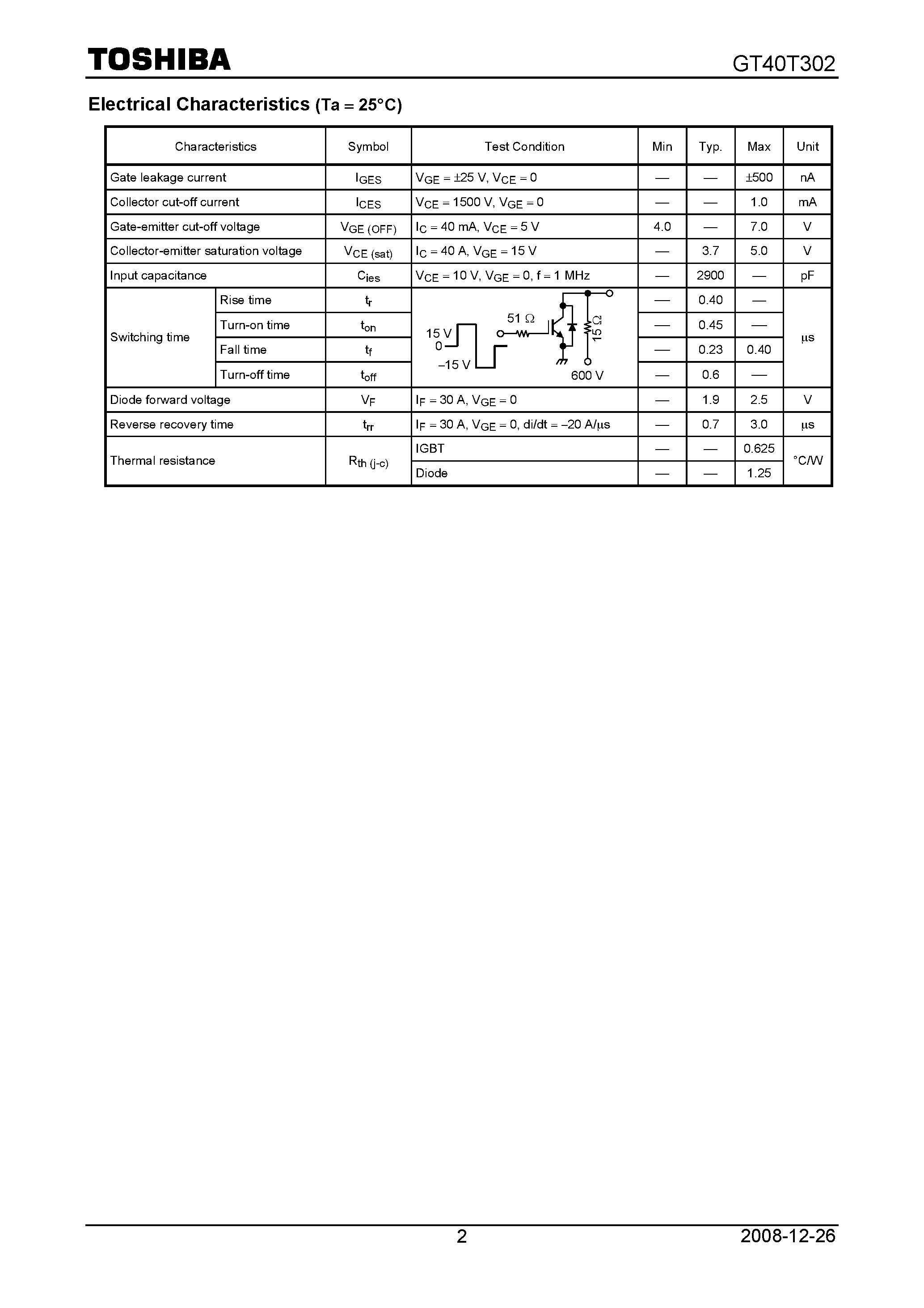 Datasheet GT40T302 page 2 Datasheet GT40T302 - Insulated Gate Bipolar Transistor Silicon N Channel IGBT page 2
