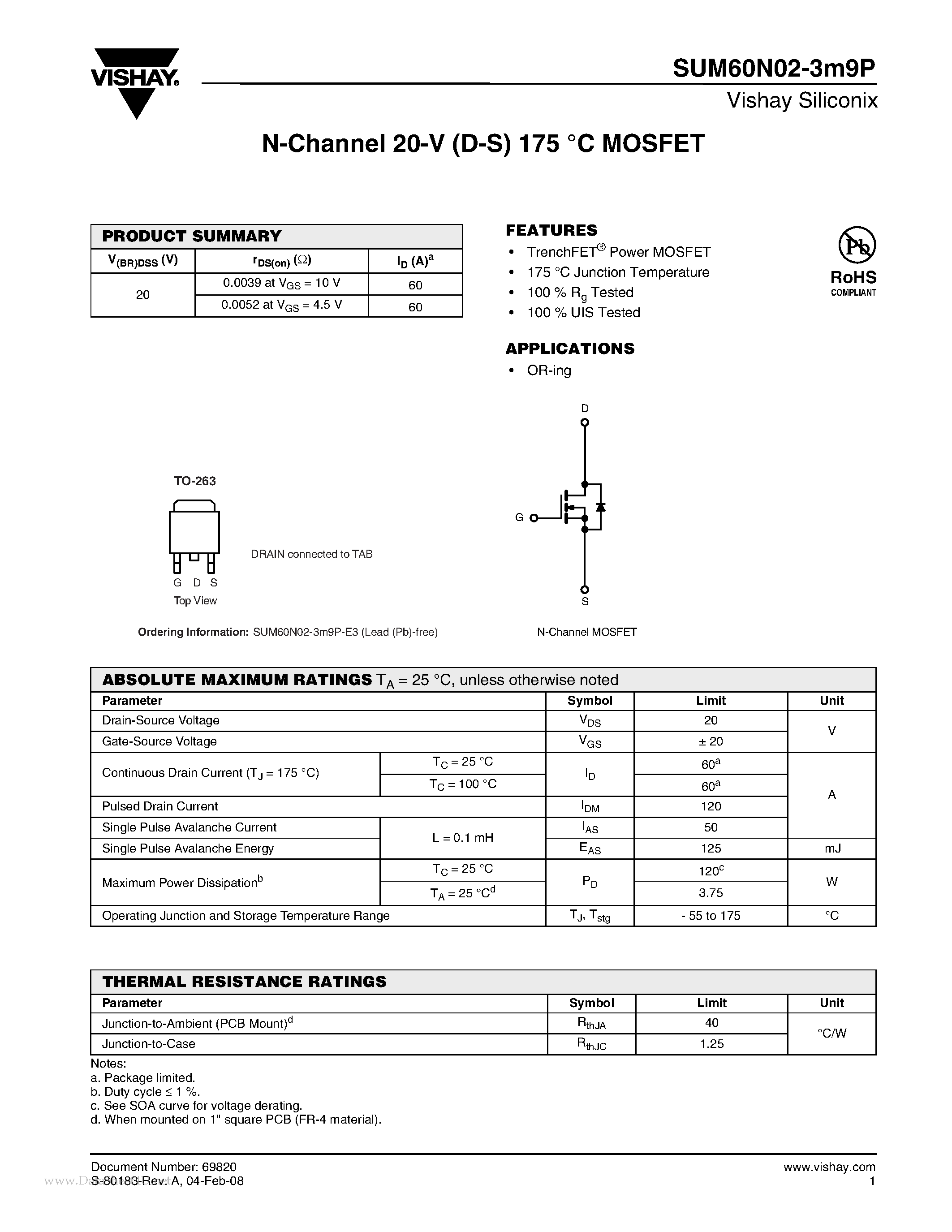 Datasheet SUM60N02-3M9P - N-Channel MOSFET page 1