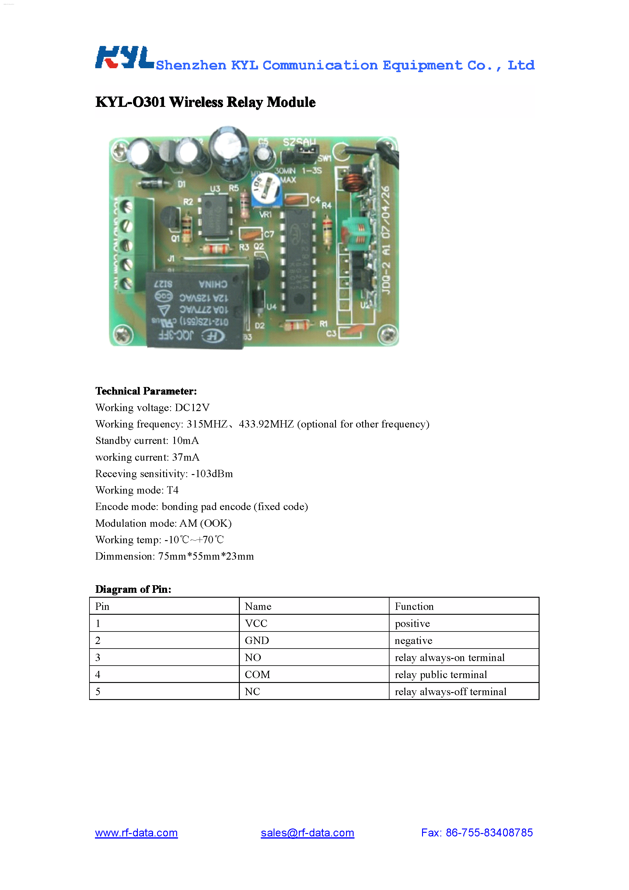 Даташит KYL-O301 - Wireless Relay Module страница 1