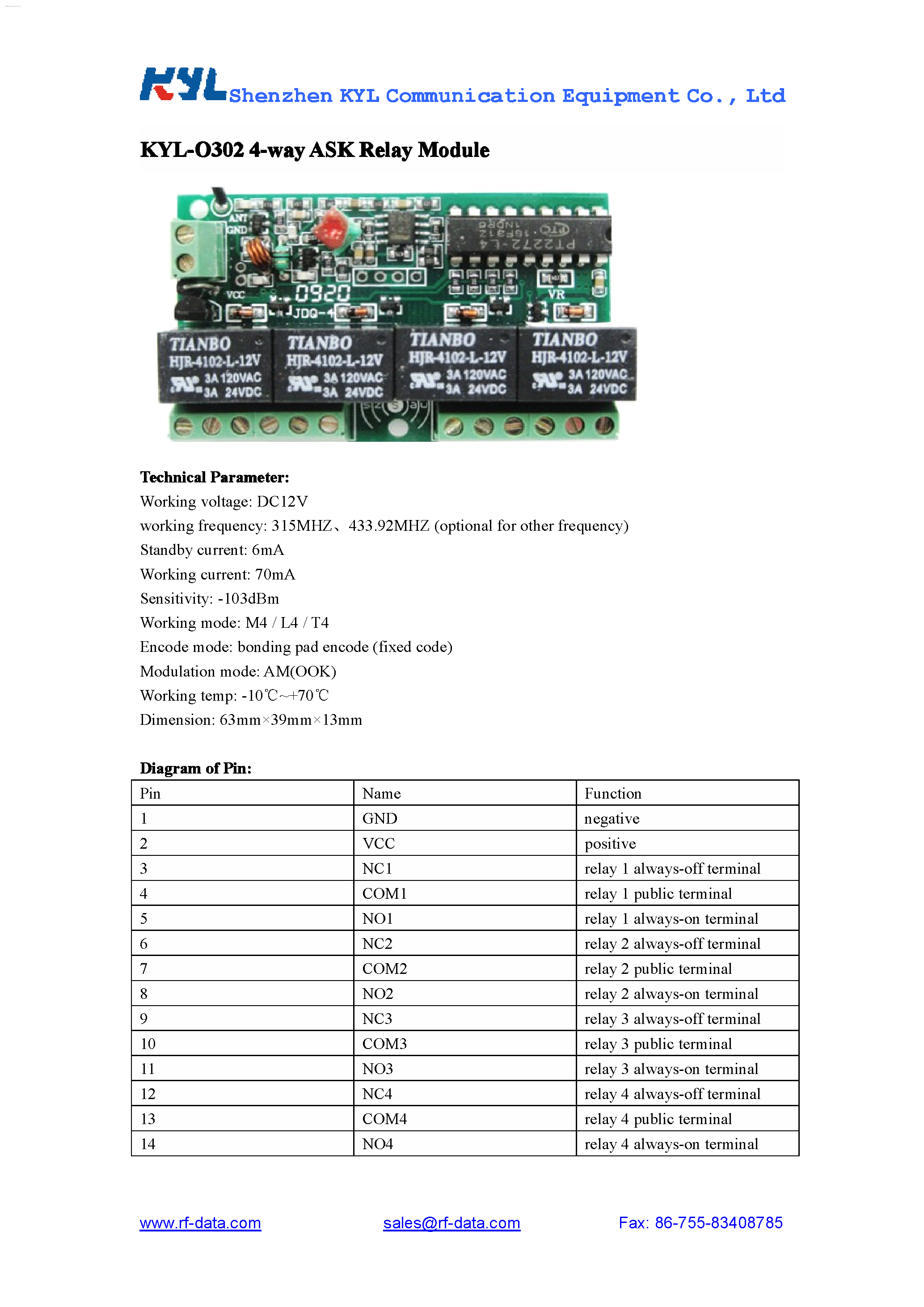Datasheet KYL-O302 page 1 Datasheet KYL-O302 - 4-way ASK Relay Module page 1