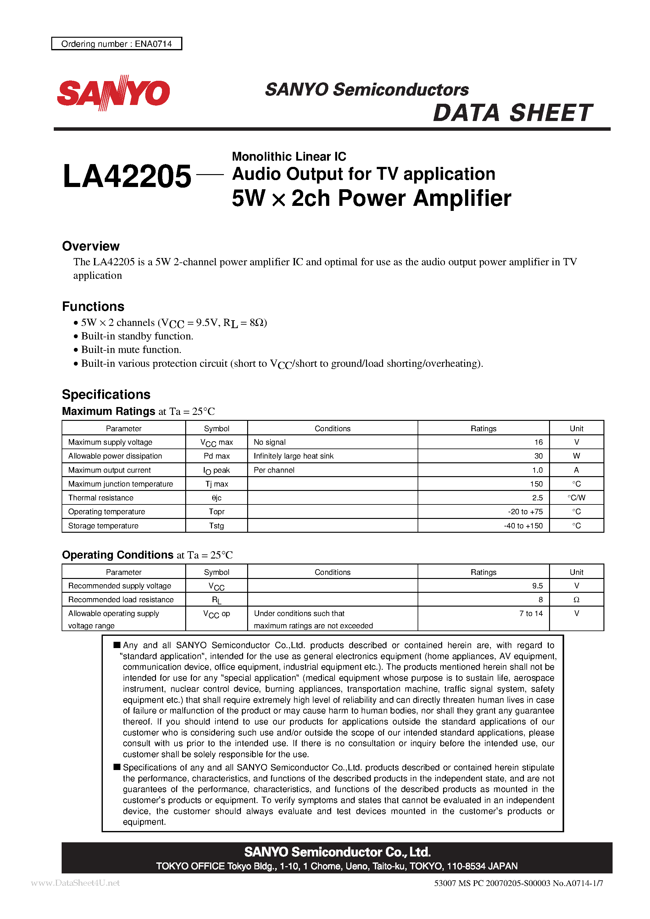 Даташит LA42205 - 5W X 2ch Power Amplifier страница 1