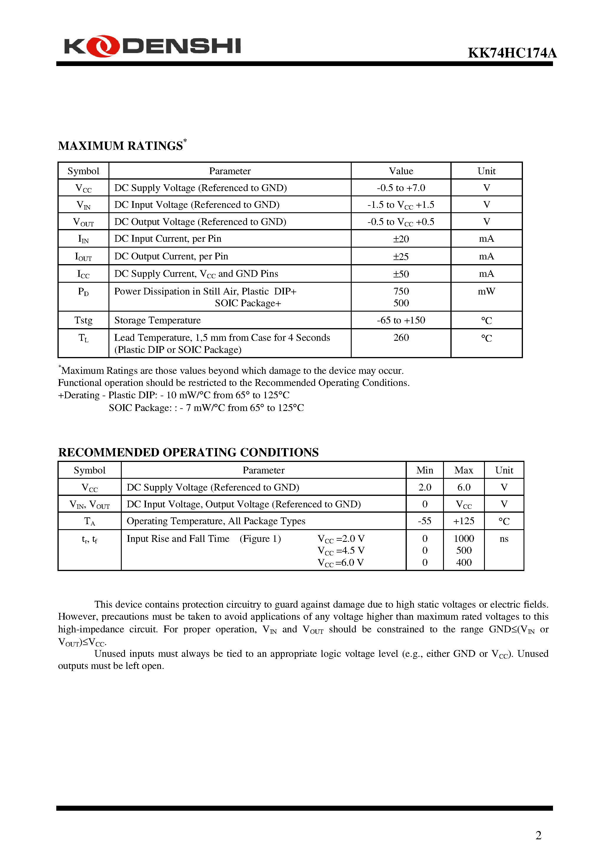 Datasheet KK74HC174A - Hex D Flip-Flop page 2
