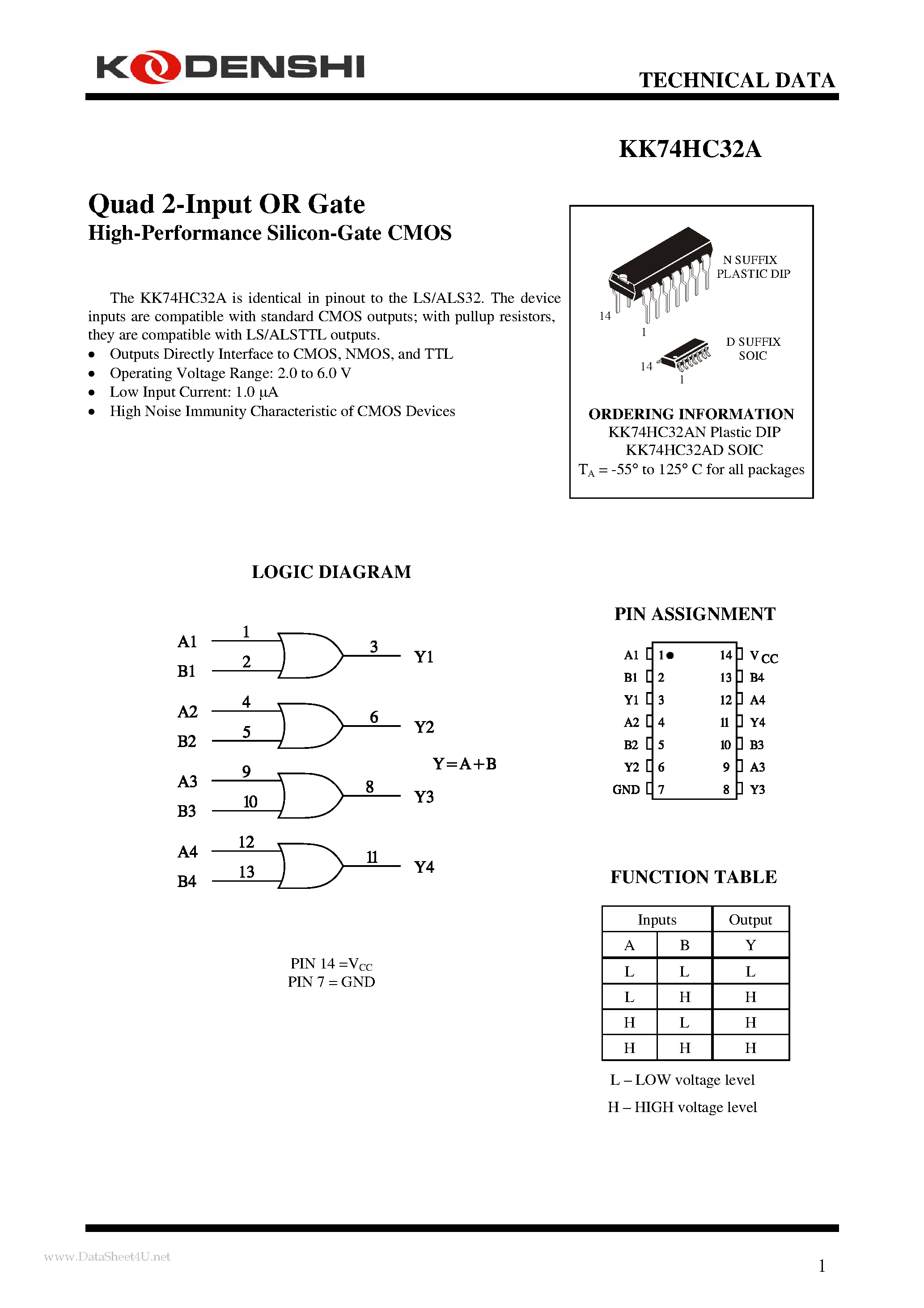 Даташит на микросхему KK74HC32A страница 1 Даташит KK74HC32A - Quad 2-Input OR Gate страница 1