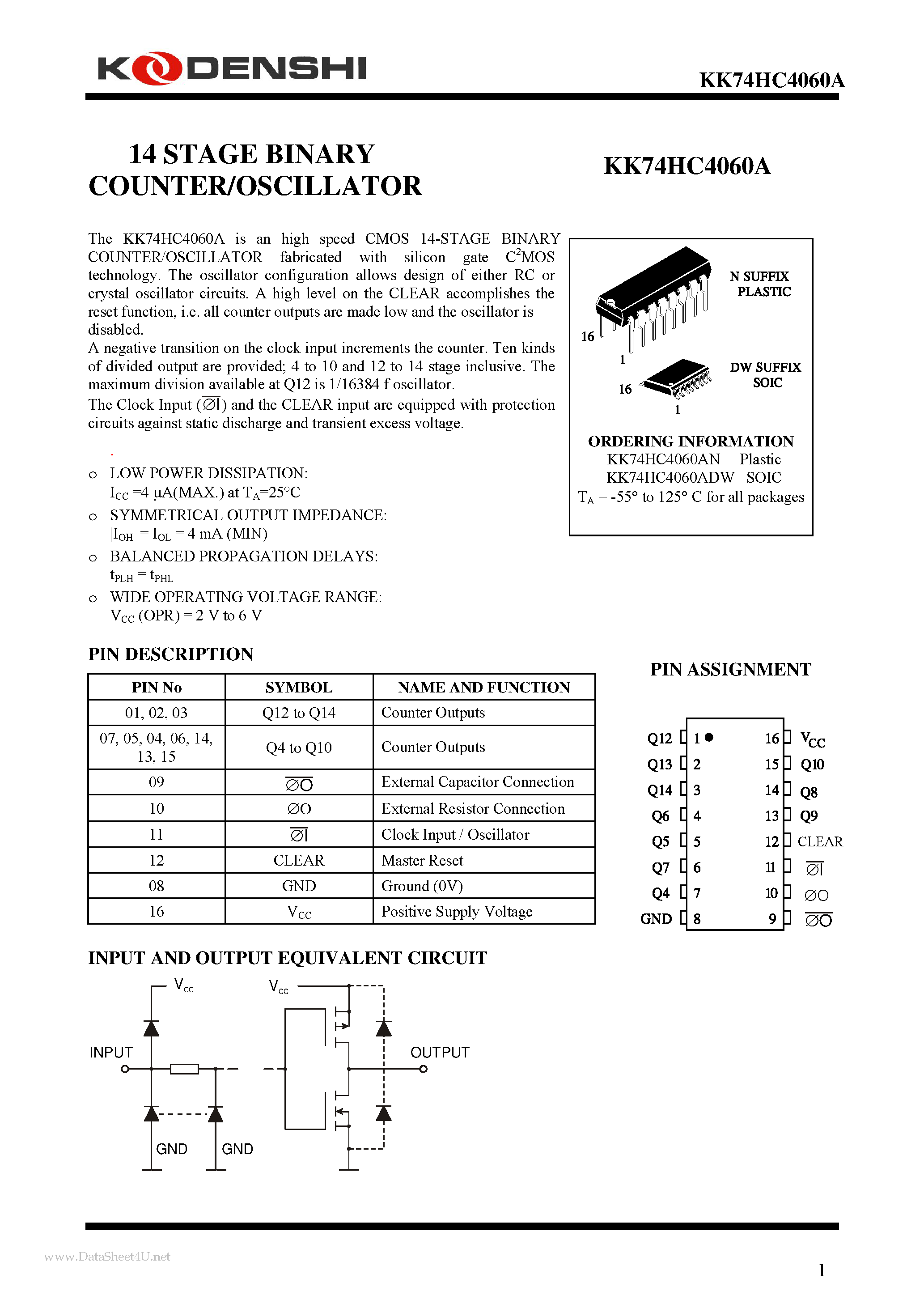 Datasheet KK74HC4060A - 14 STAGE BINARY COUNTER/OSCILLATOR page 1