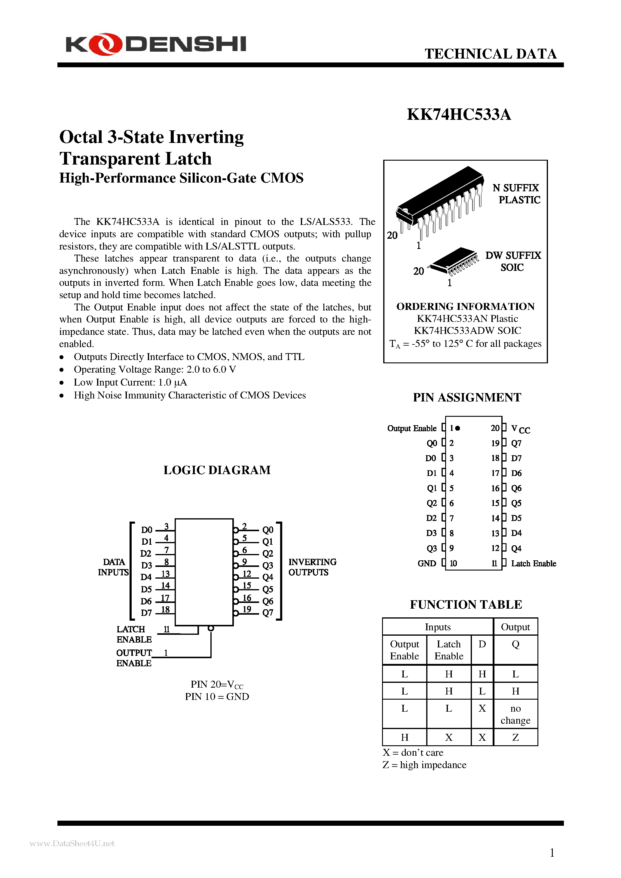 Datasheet KK74HC533A - Octal 3-State Inverting Transparent Latch page 1