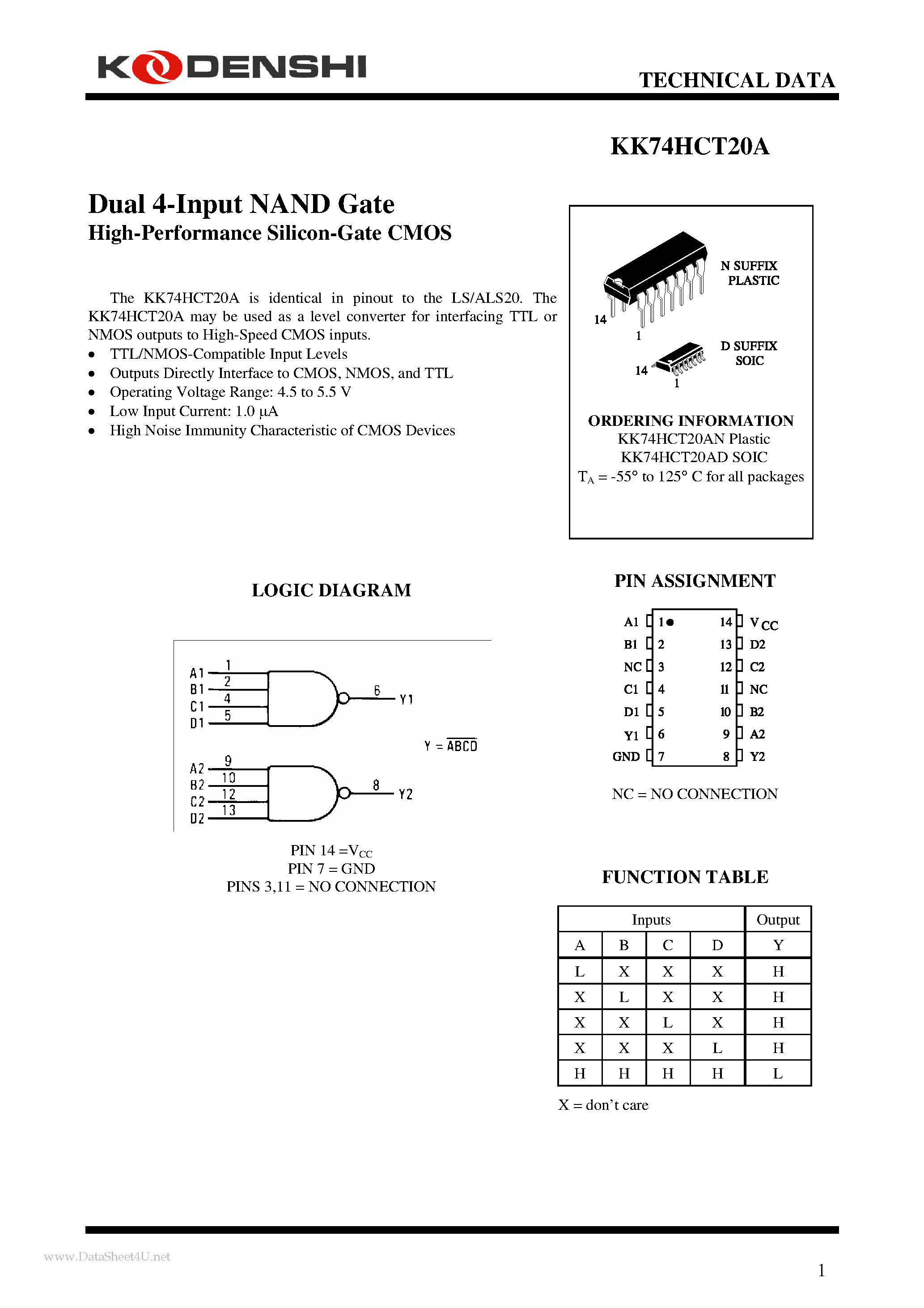 Datasheet KK74HCT20A - Dual 4-Input NAND Gate page 1