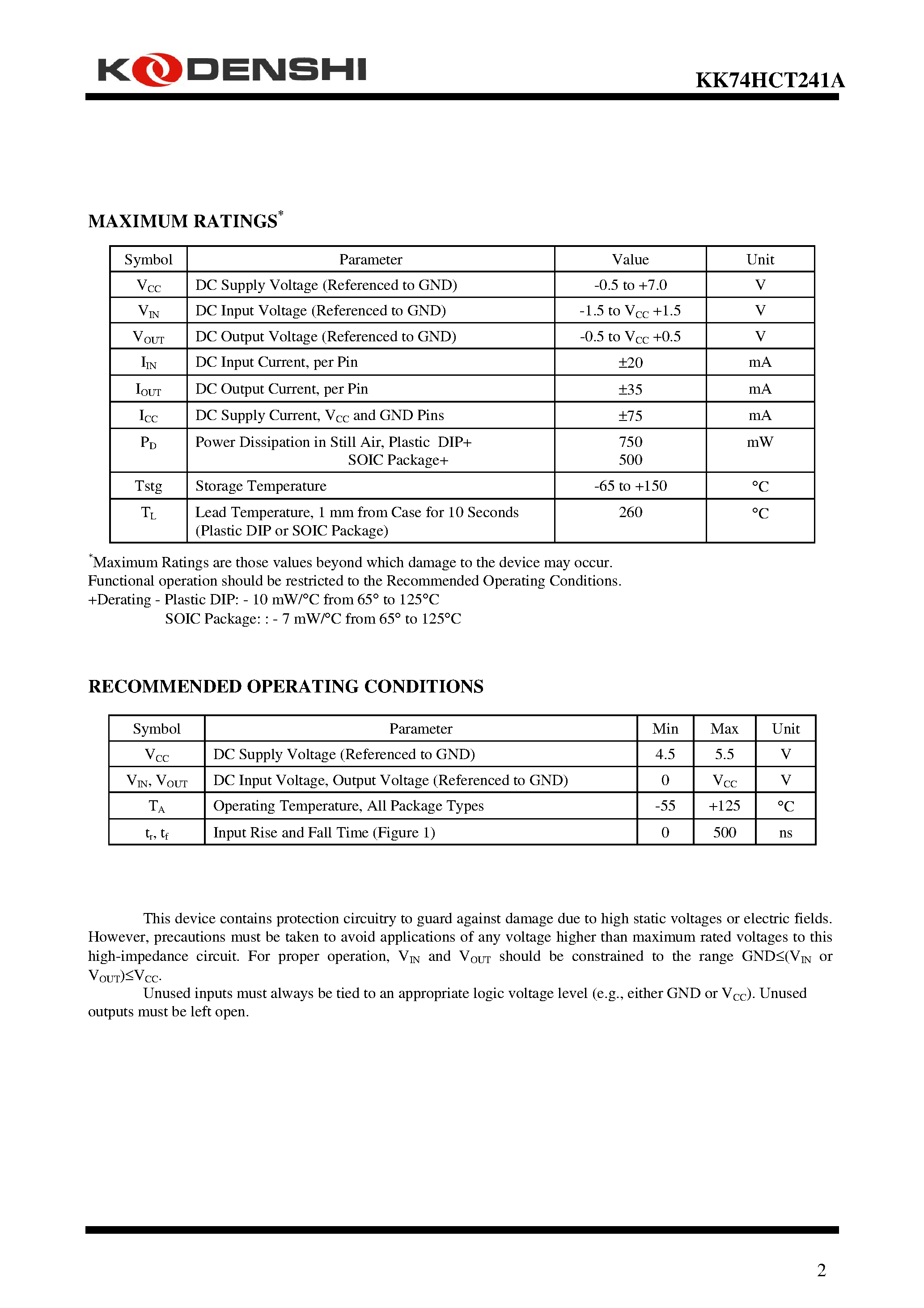 Datasheet KK74HCT241A - Octal 3-State Noninverting Buffer/Line Driver/Line Receiver page 2
