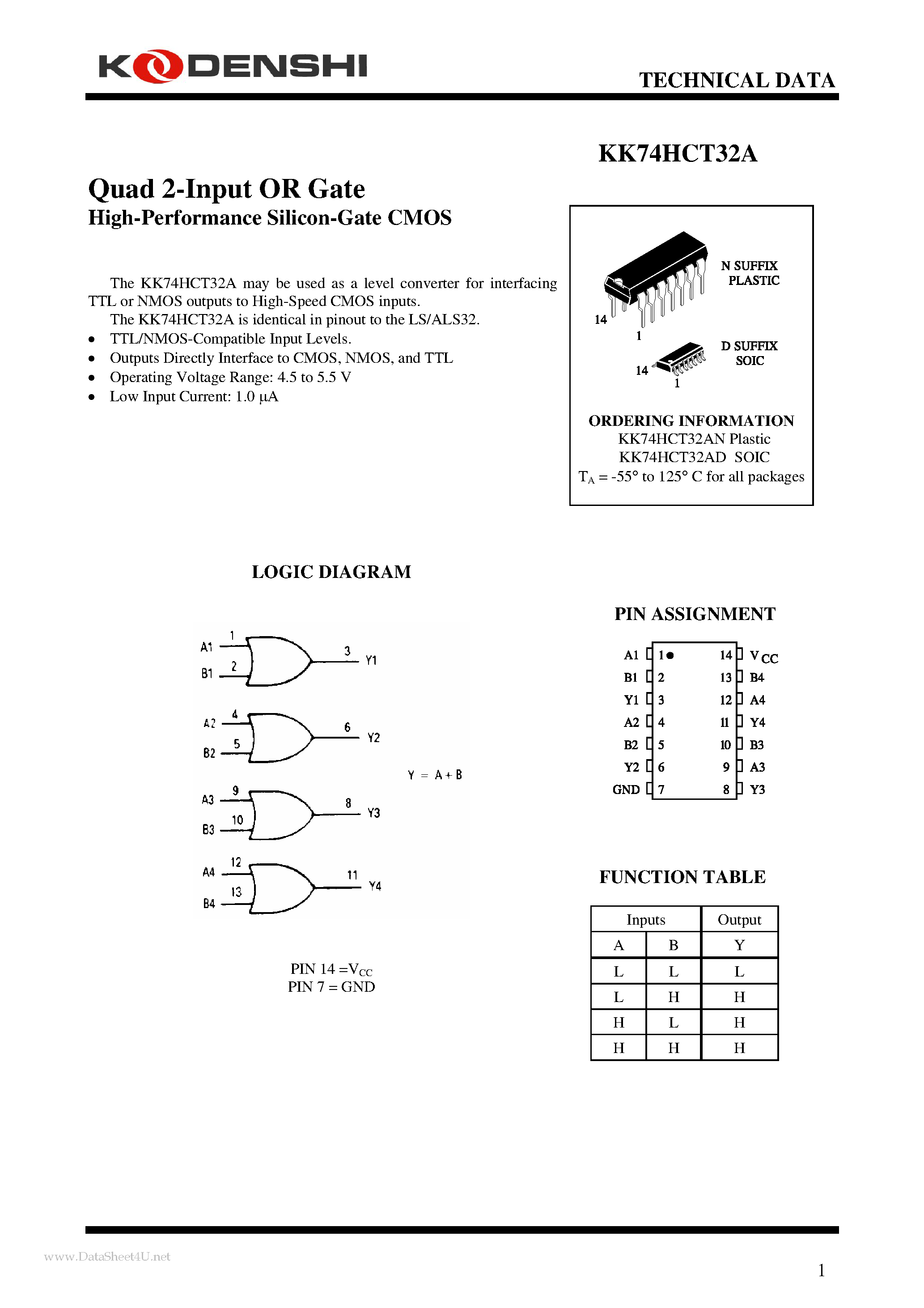 Даташит на микросхему KK74HCT32A страница 1 Даташит KK74HCT32A - Quad 2-Input OR Gate страница 1