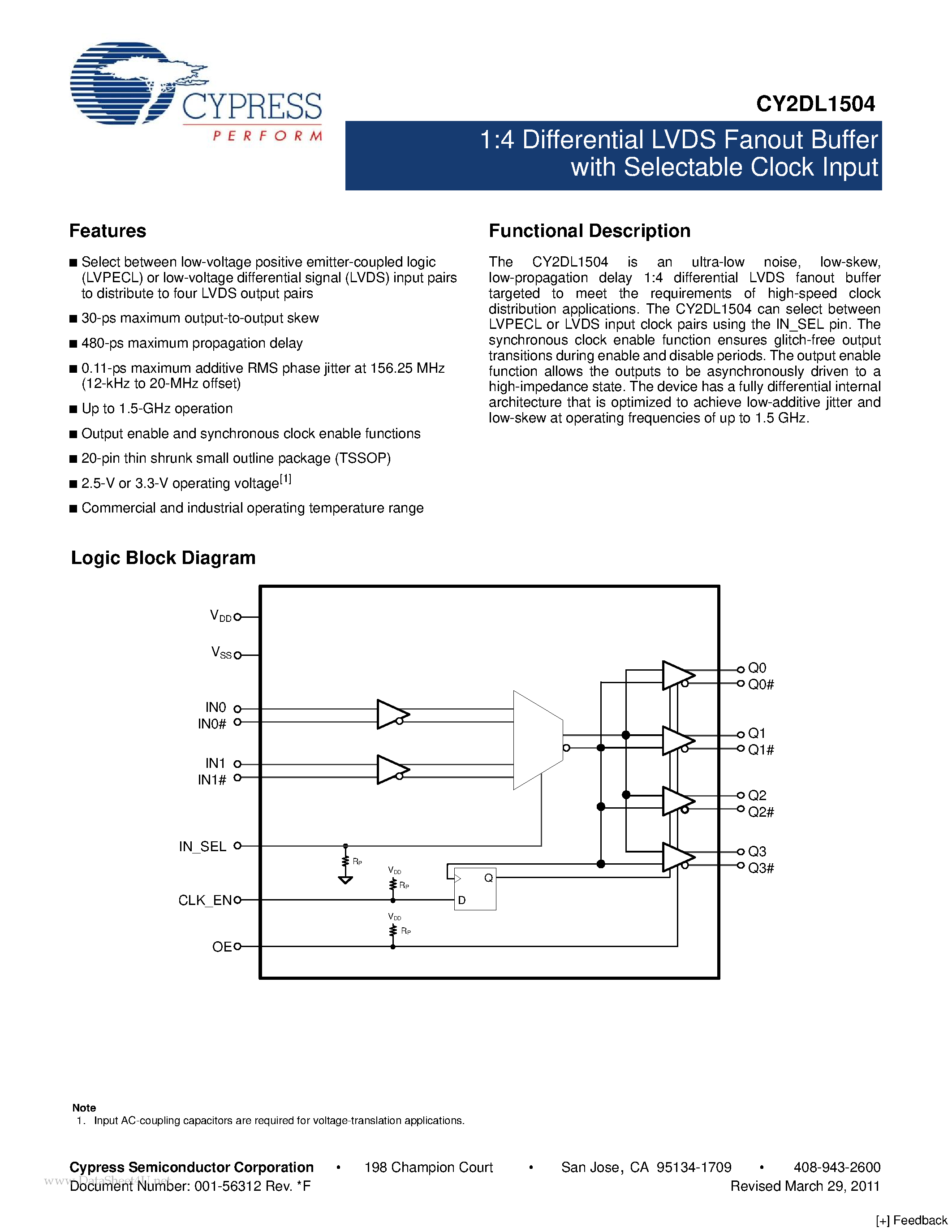 Datasheet CY2DL1504 - 1:4 Differential LVDS Fanout Buffer page 1