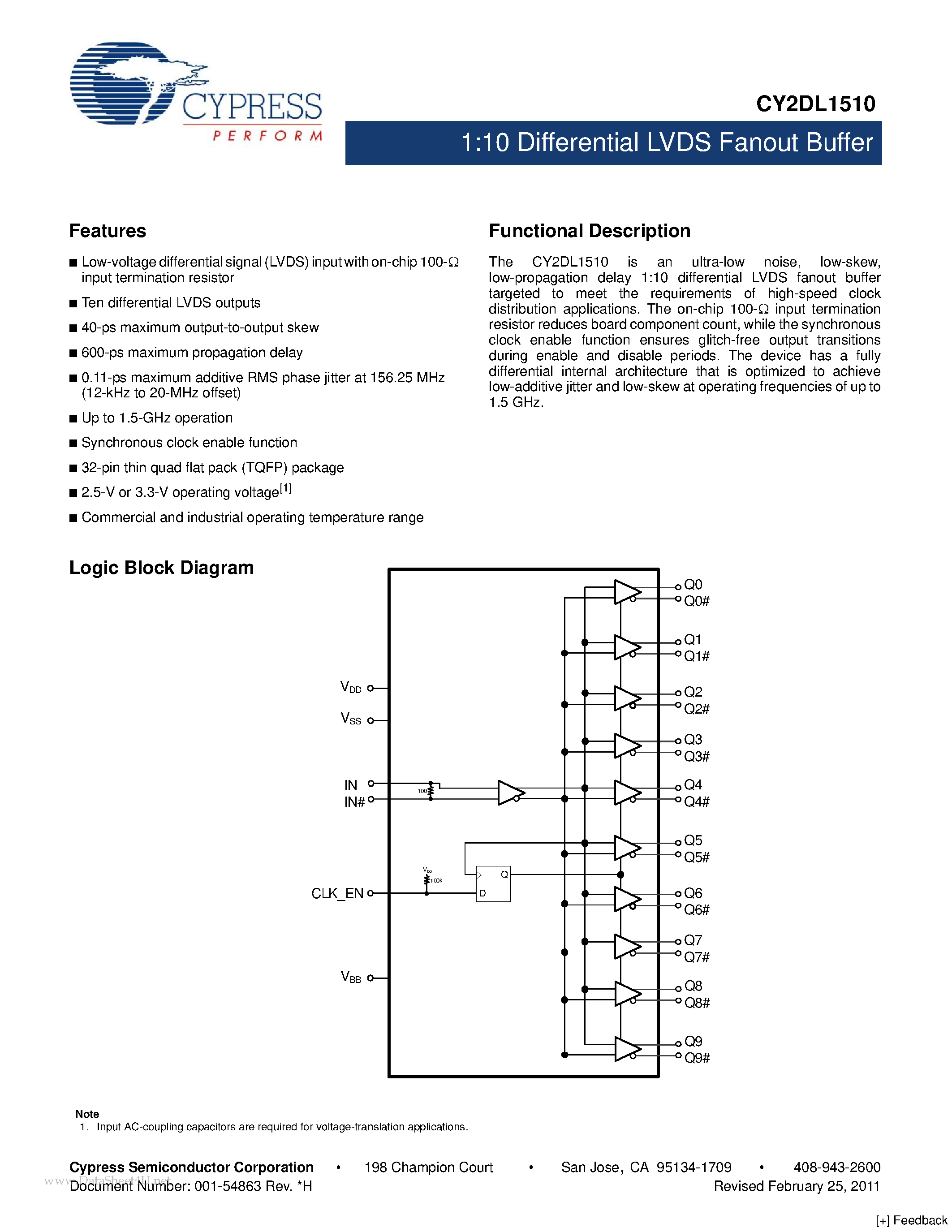 Datasheet CY2DL1510 - 1:10 Differential LVDS Fanout Buffer page 1
