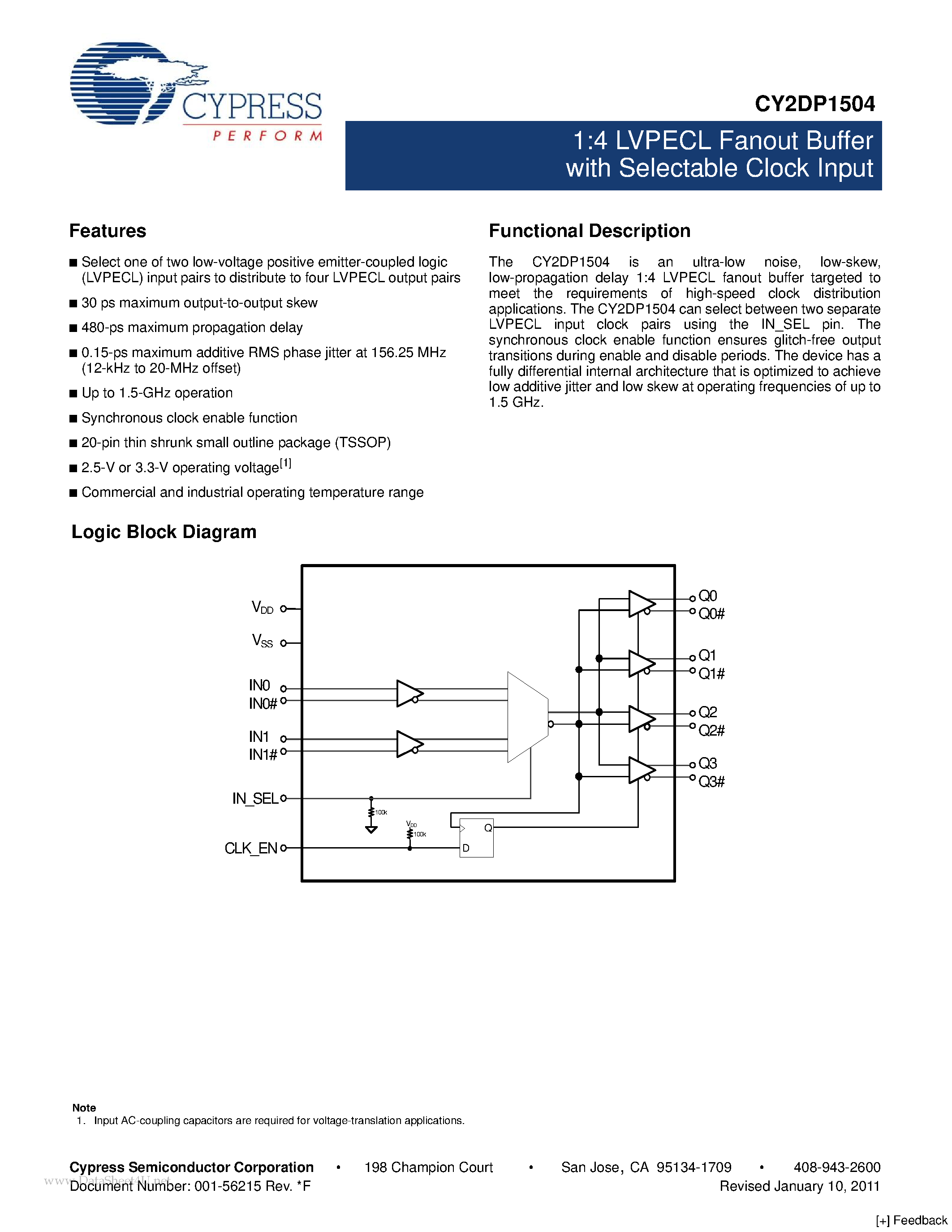 Datasheet CY2DP1504 - 1:4 LVPECL Fanout Buffer page 1
