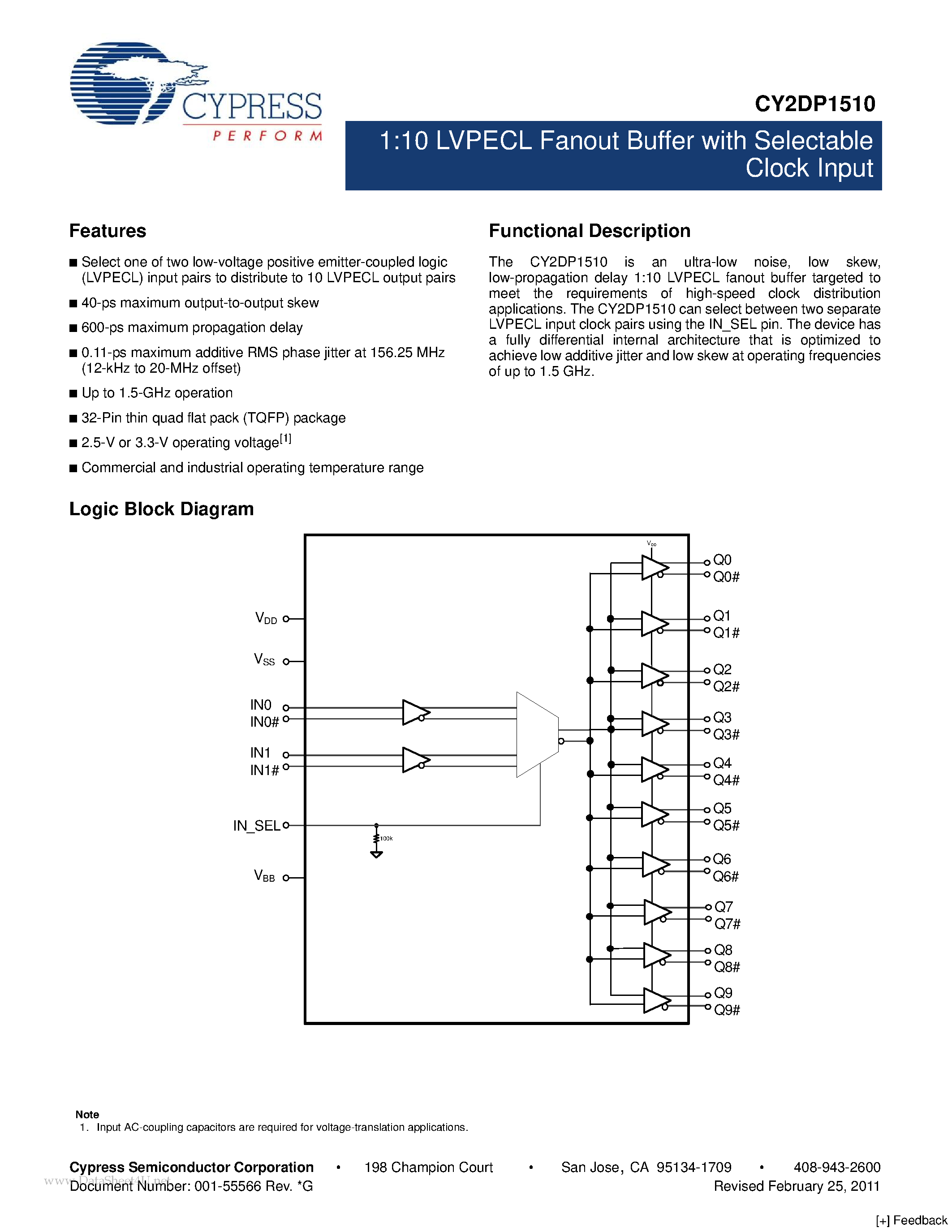 Datasheet CY2DP1510 - 1:10 LVPECL Fanout Buffer page 1
