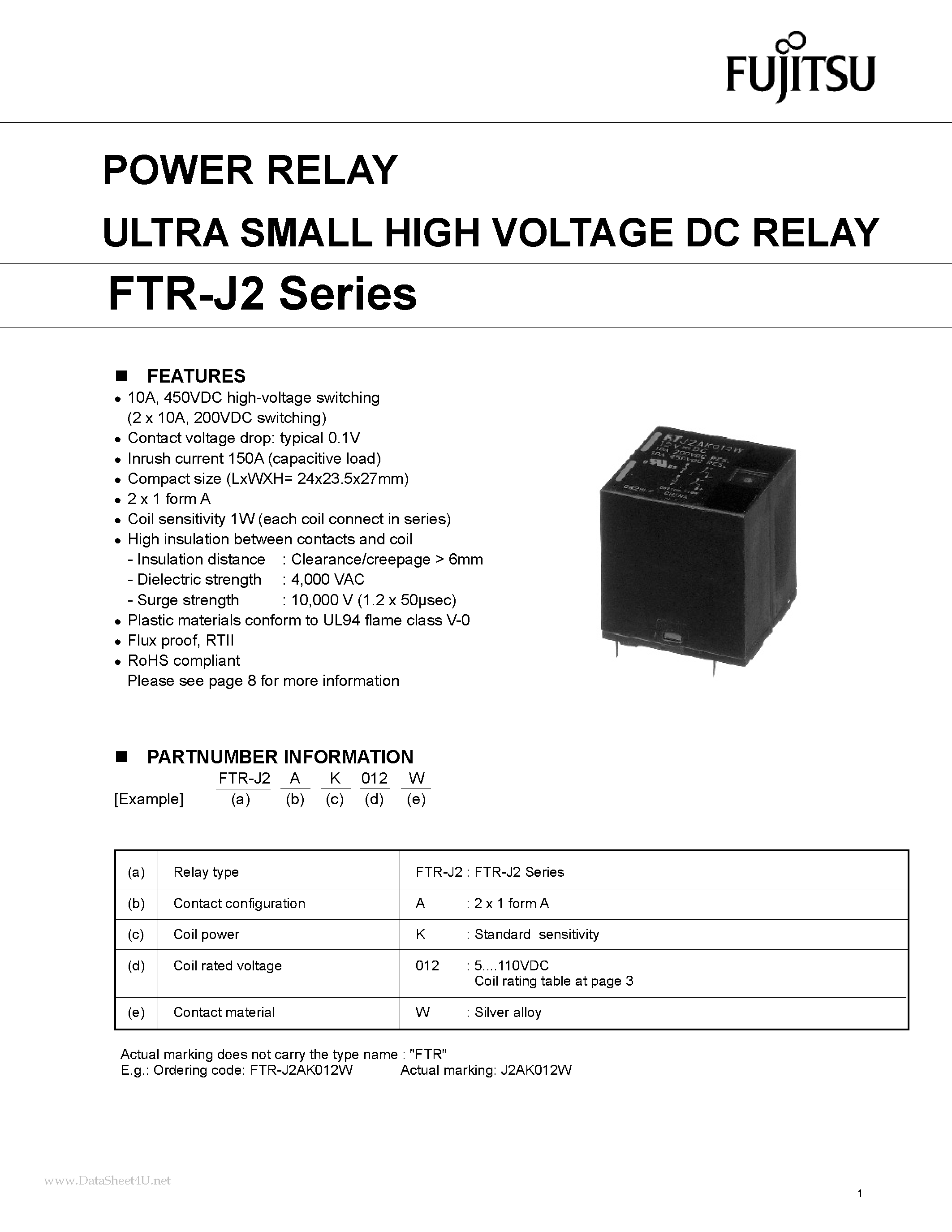 Даташит FTR-J2 - POWER RELAY страница 1
