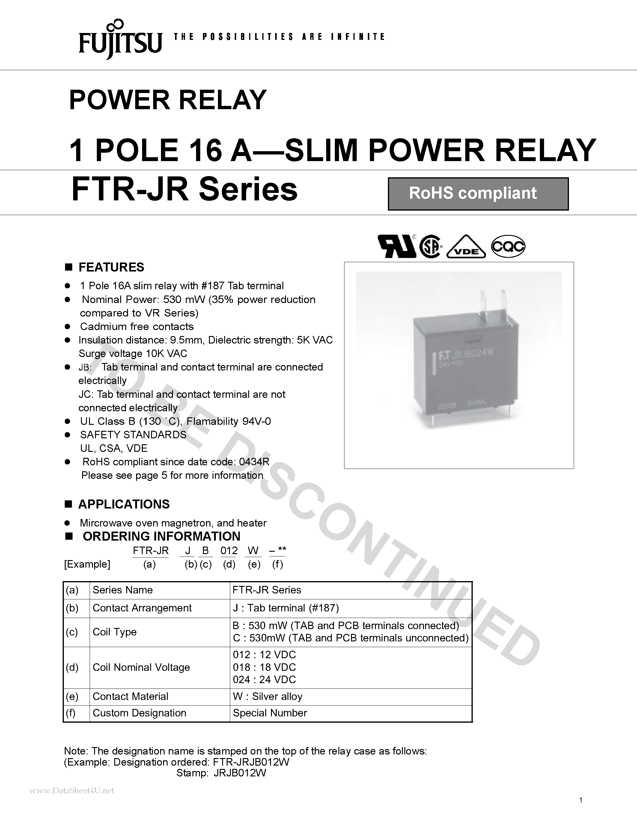 Даташит FTR-JR - POWER RELAY страница 1