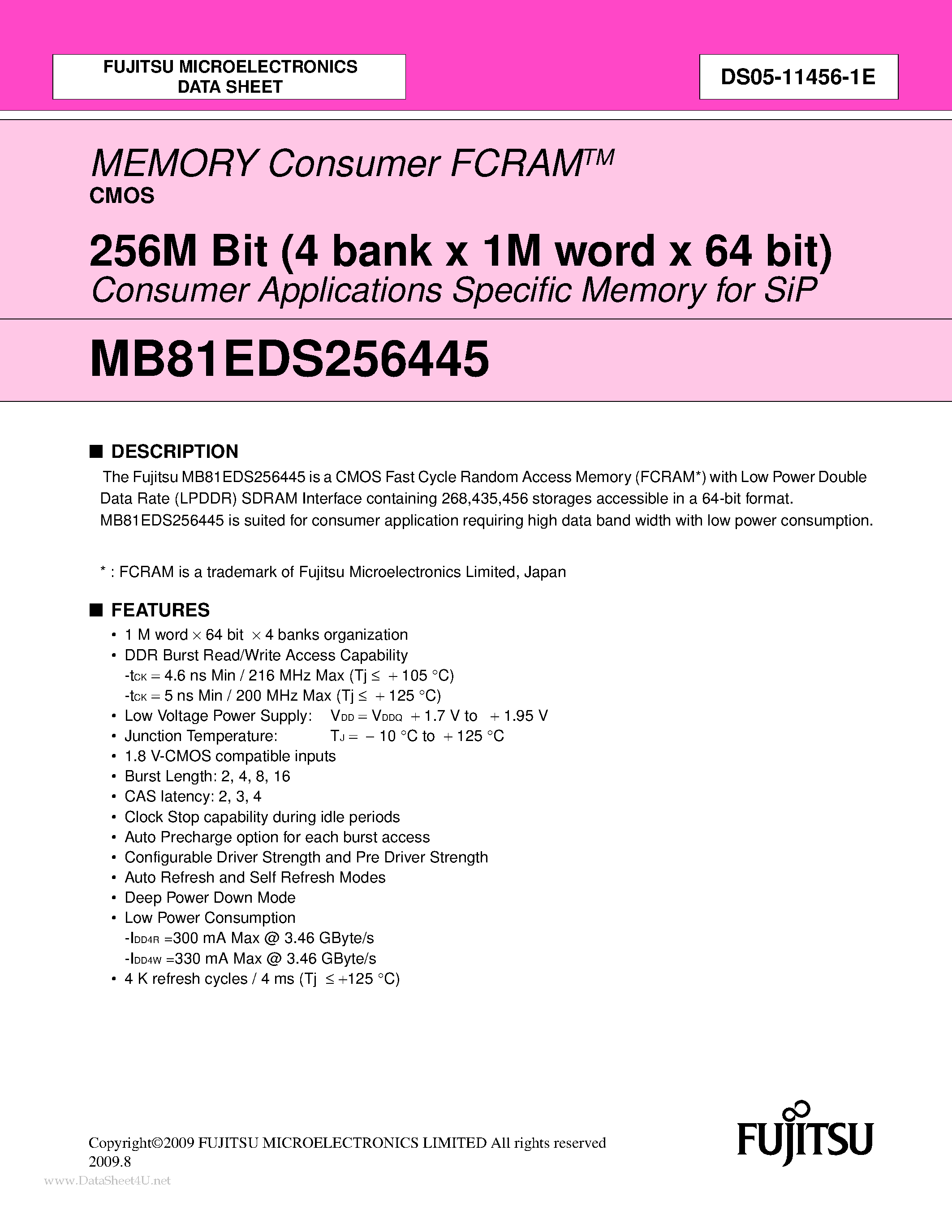 Datasheet MB81EDS256445 - 256M Bit (4 bank x 1M word x 64 bit) page 1