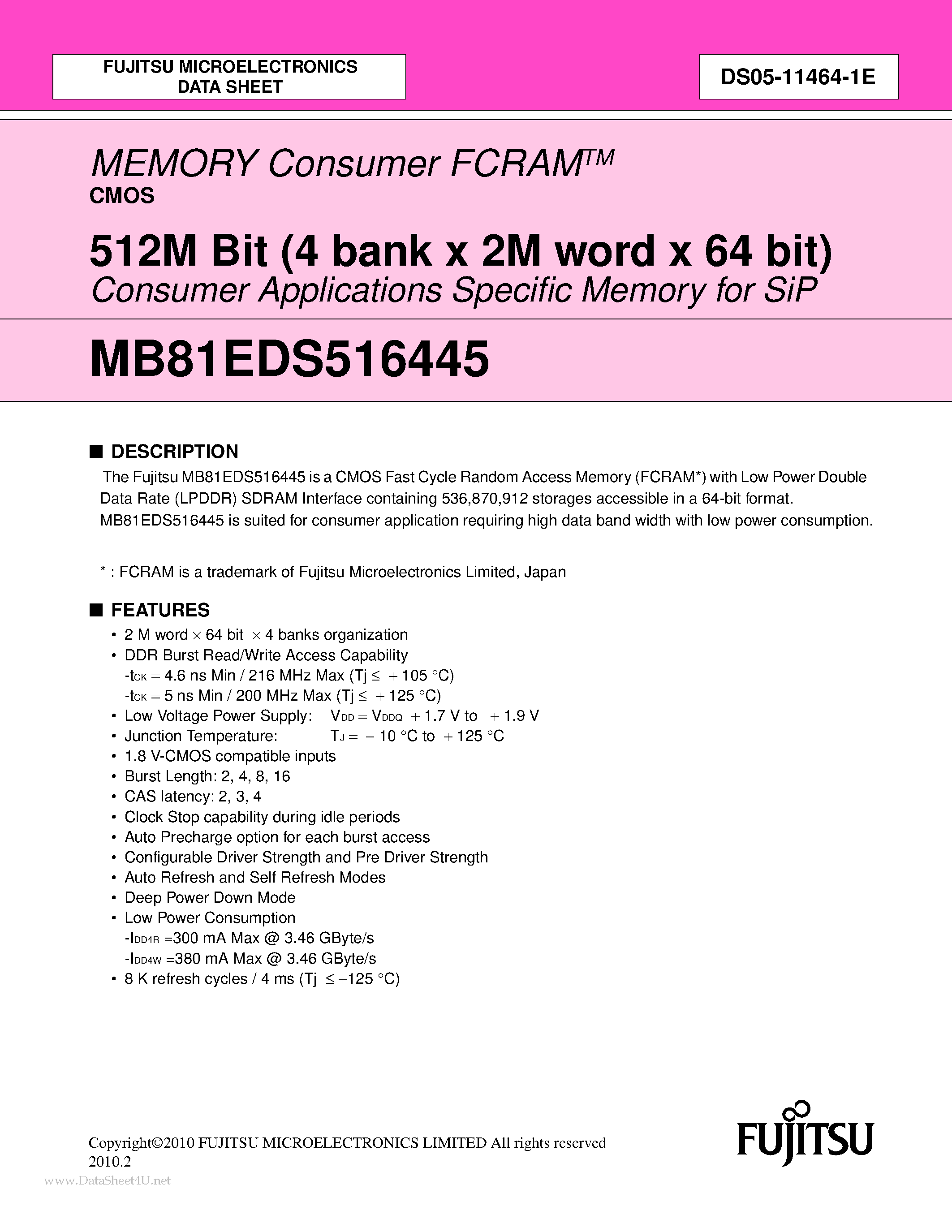Datasheet MB81EDS516445 - 512M Bit (4 bank x 2M word x 64 bit) page 1