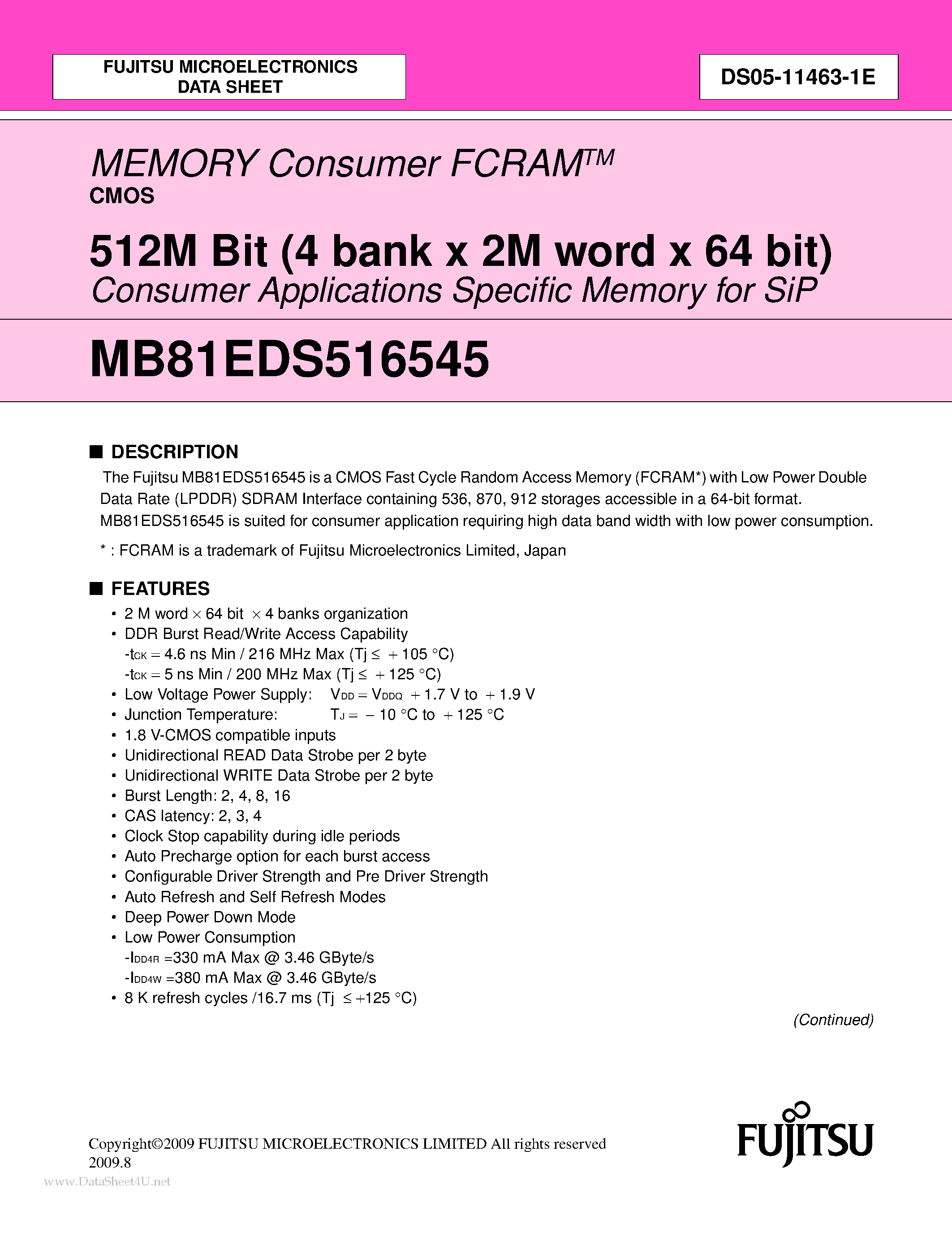 Datasheet MB81EDS516545 - 512M Bit (4 bank x 2M word x 64 bit) page 1