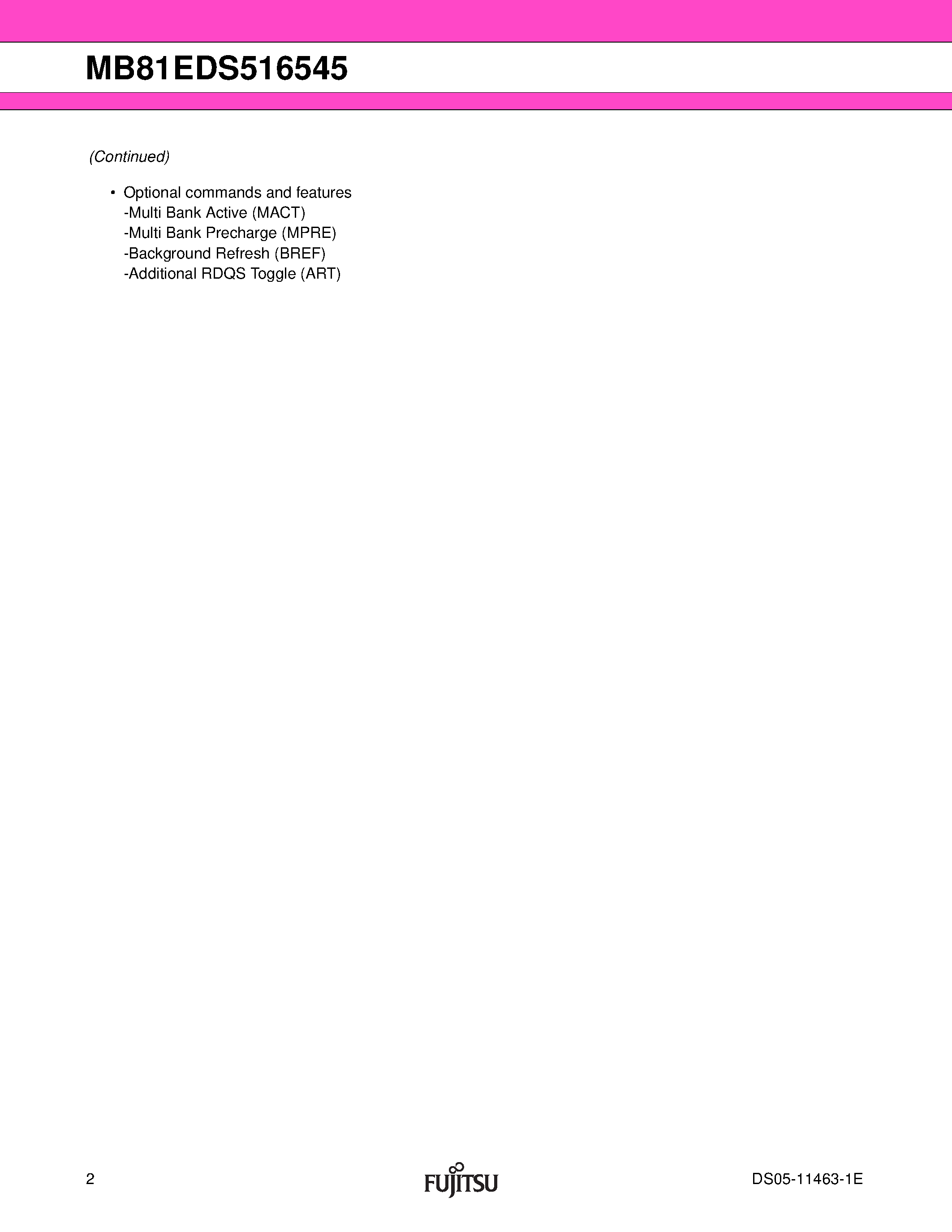 Datasheet MB81EDS516545 - 512M Bit (4 bank x 2M word x 64 bit) page 2