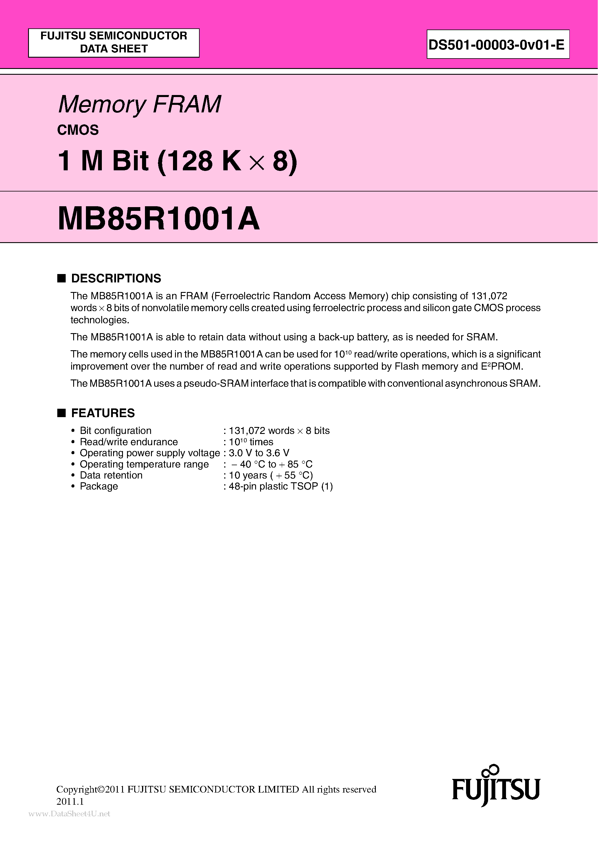 Datasheet MB85R1001A - 1 M Bit (128 K x 8) page 1