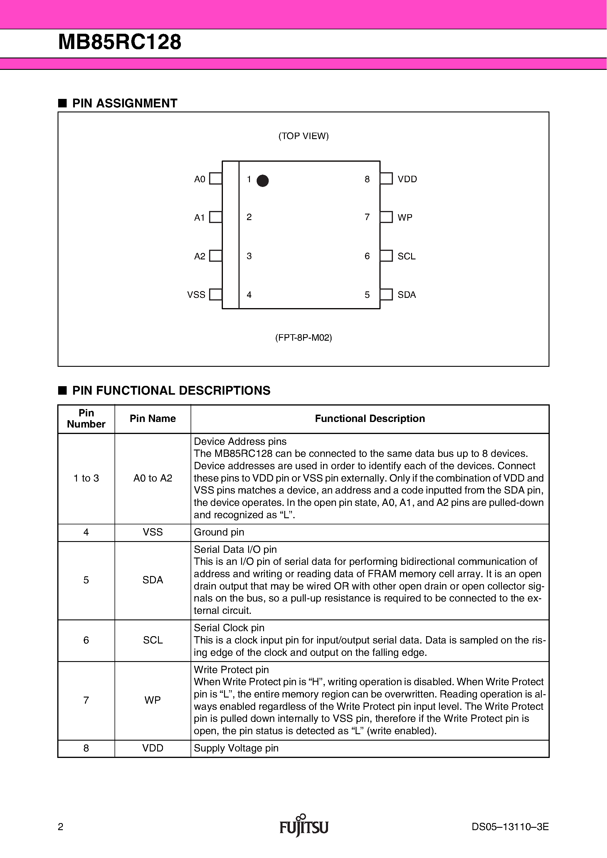 Даташит MB85RC128 - 128 K (16 K x 8) Bit I2C страница 2