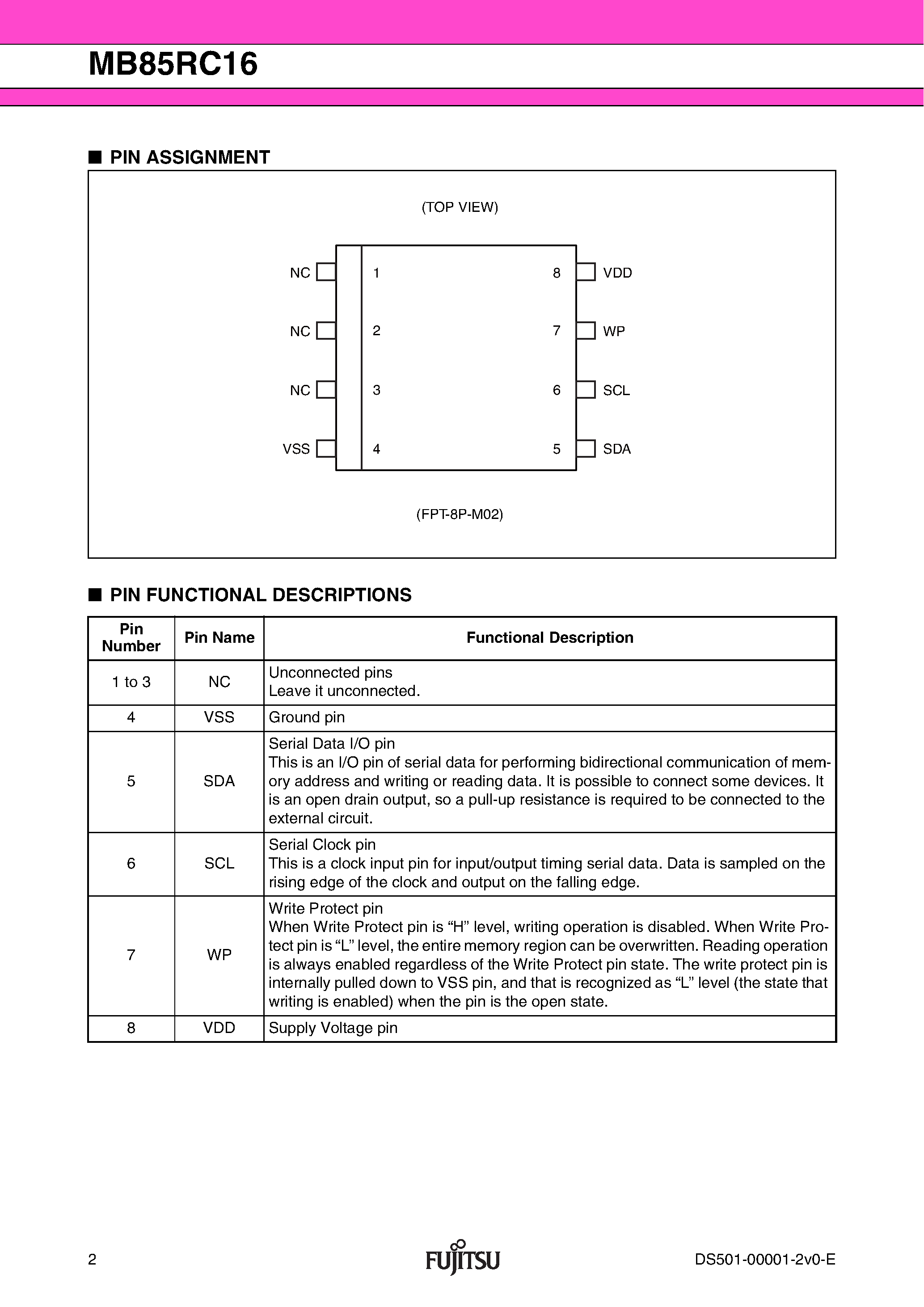 Даташит MB85RC16 - 16 K (2 K x 8) Bit I2C страница 2
